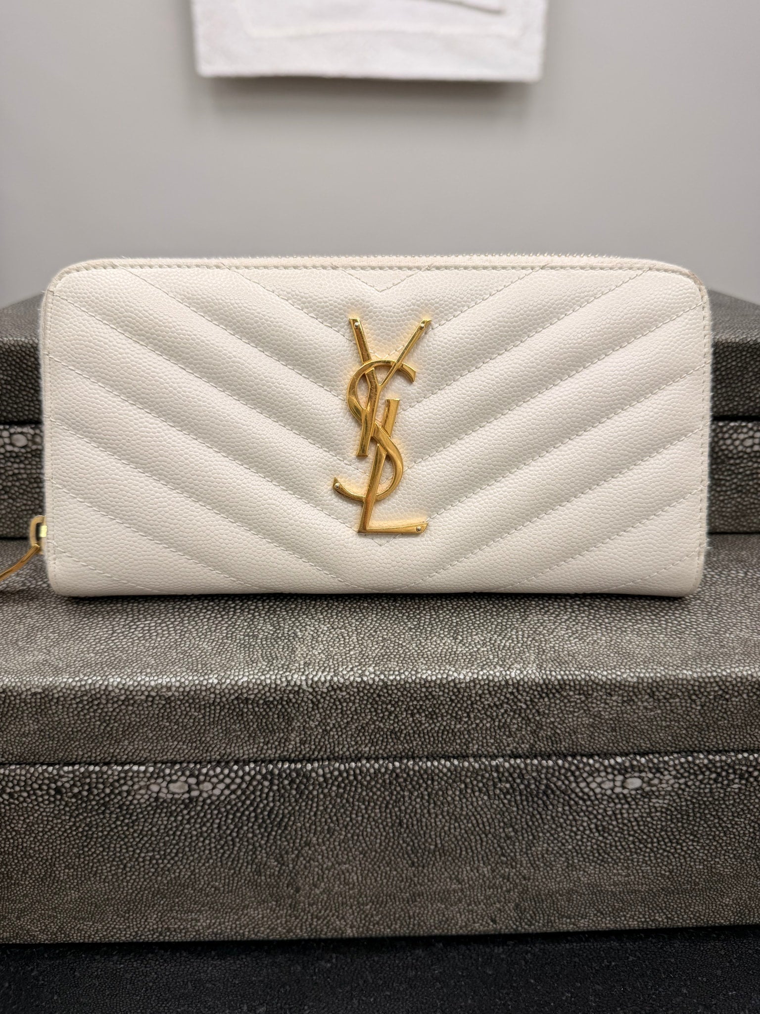 Saint Laurent YSL Cream Chevron Leather Continental Wallet