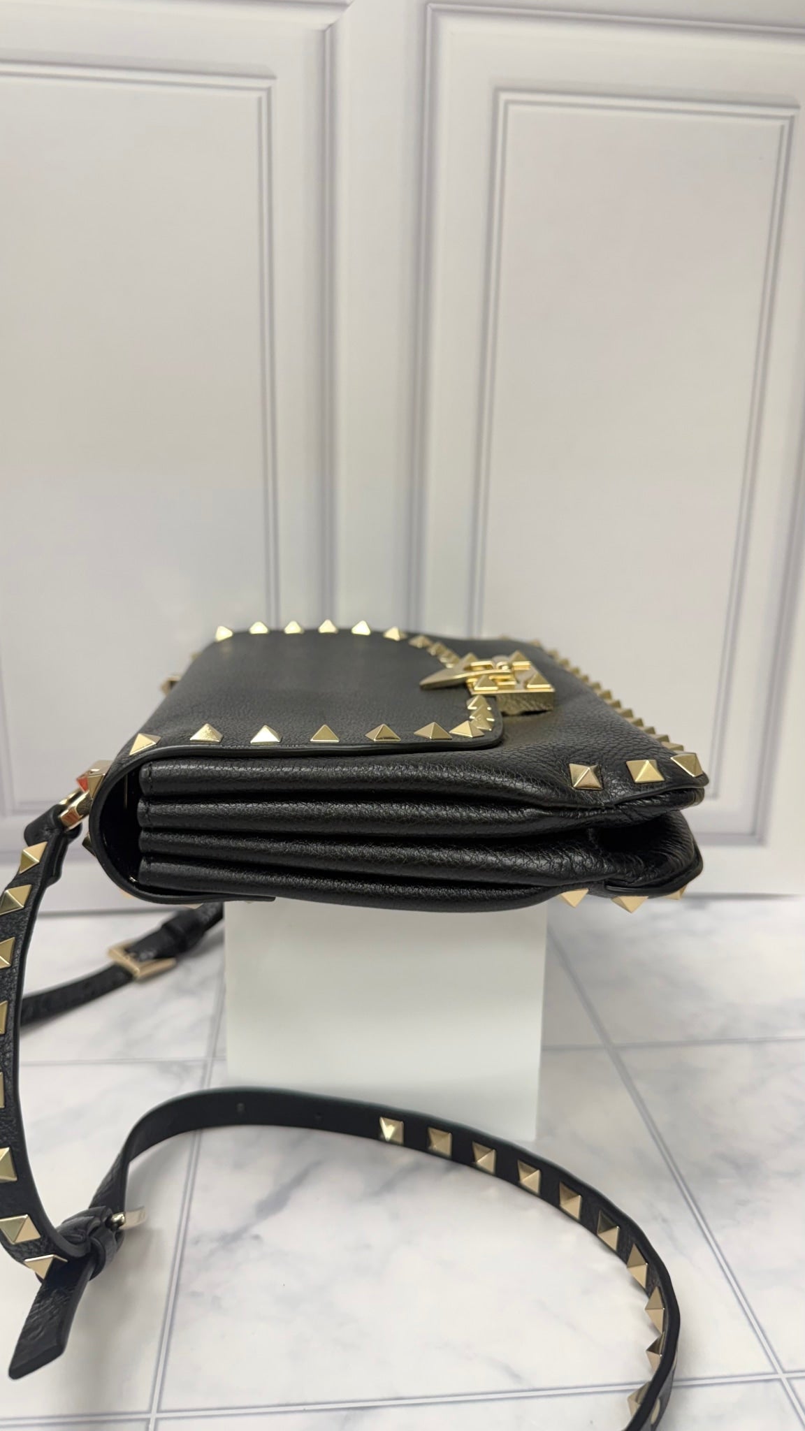 Valentino Black Grained Leather Rockstud Crossbody