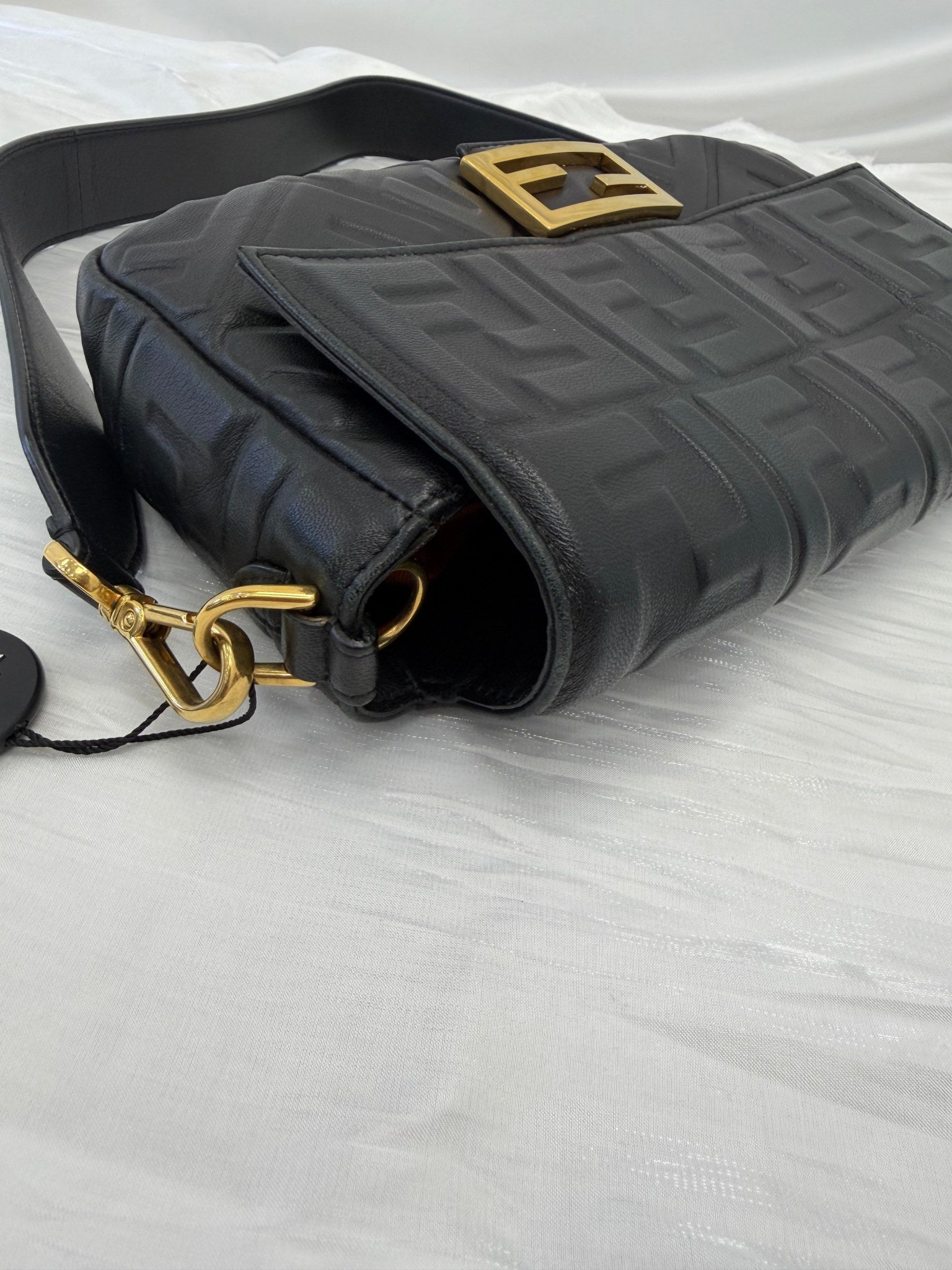 Fendi Black Embossed Nappa Leather FF Baguette Shoulder Bag