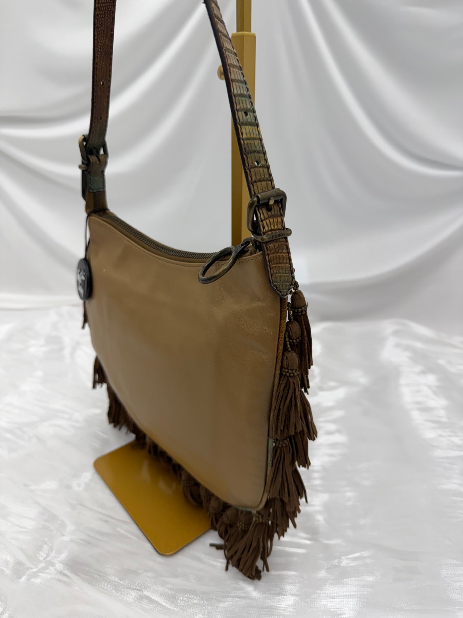 Fendi Brown Suede & Lizard Oyster Beaded Fringe Hobo Bag