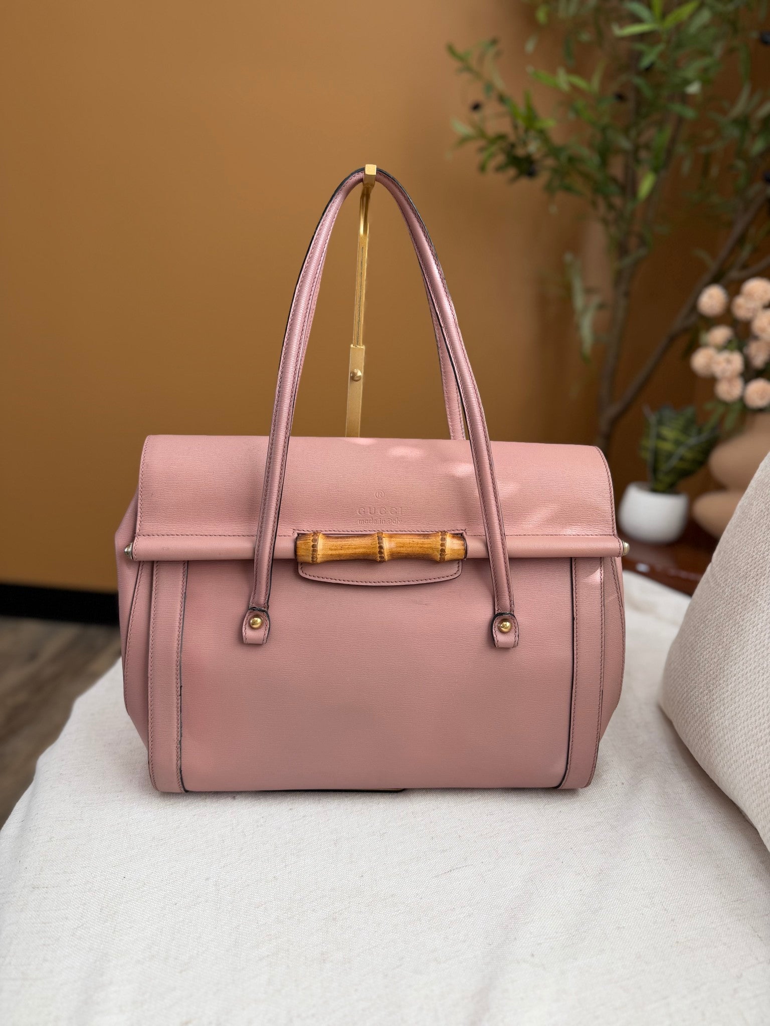 Gucci Dusty Rose Leather Bamboo Top Handle Bag