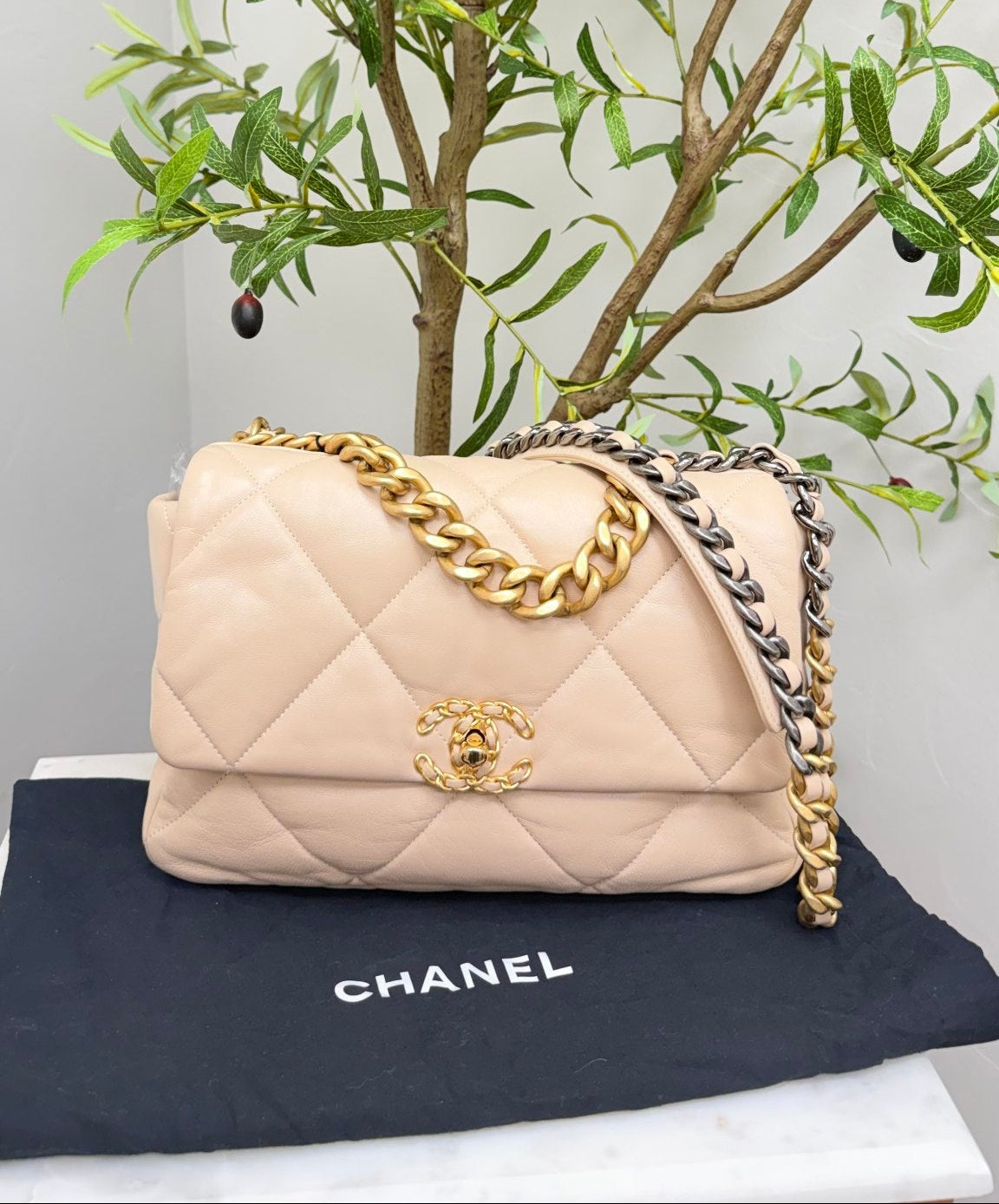 Chanel Beige Quilted Lambskin Leather Large 19 Flap Bag