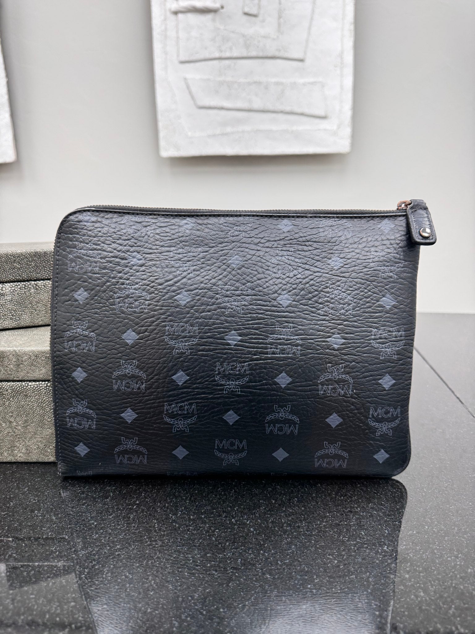 MCM Black Visetos Coated Canvas Studded Wristlet