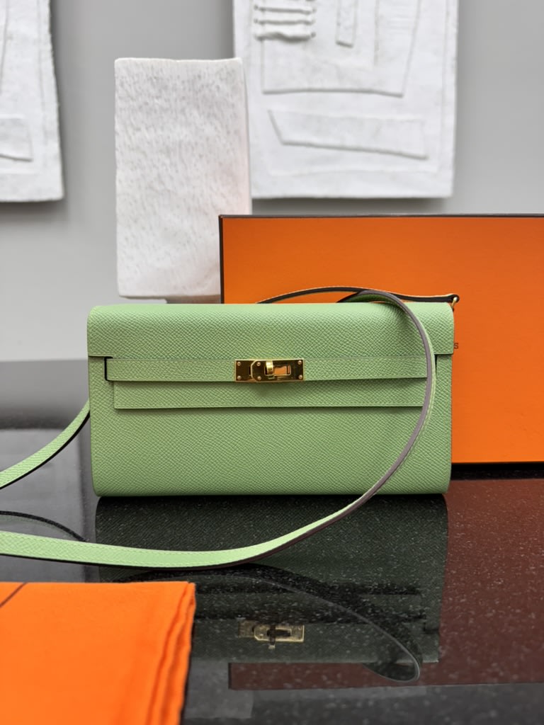 LIKE NEW - Hermes Light Green Epsom Leather Kelly To Go Wallet Crossbody Bag