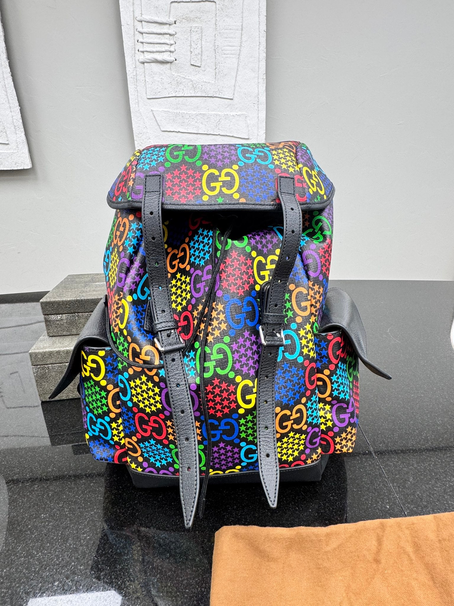 LIKE NEW - Gucci Black And Multicolor GG Coated Canvas Medium Psychedelic Backpack