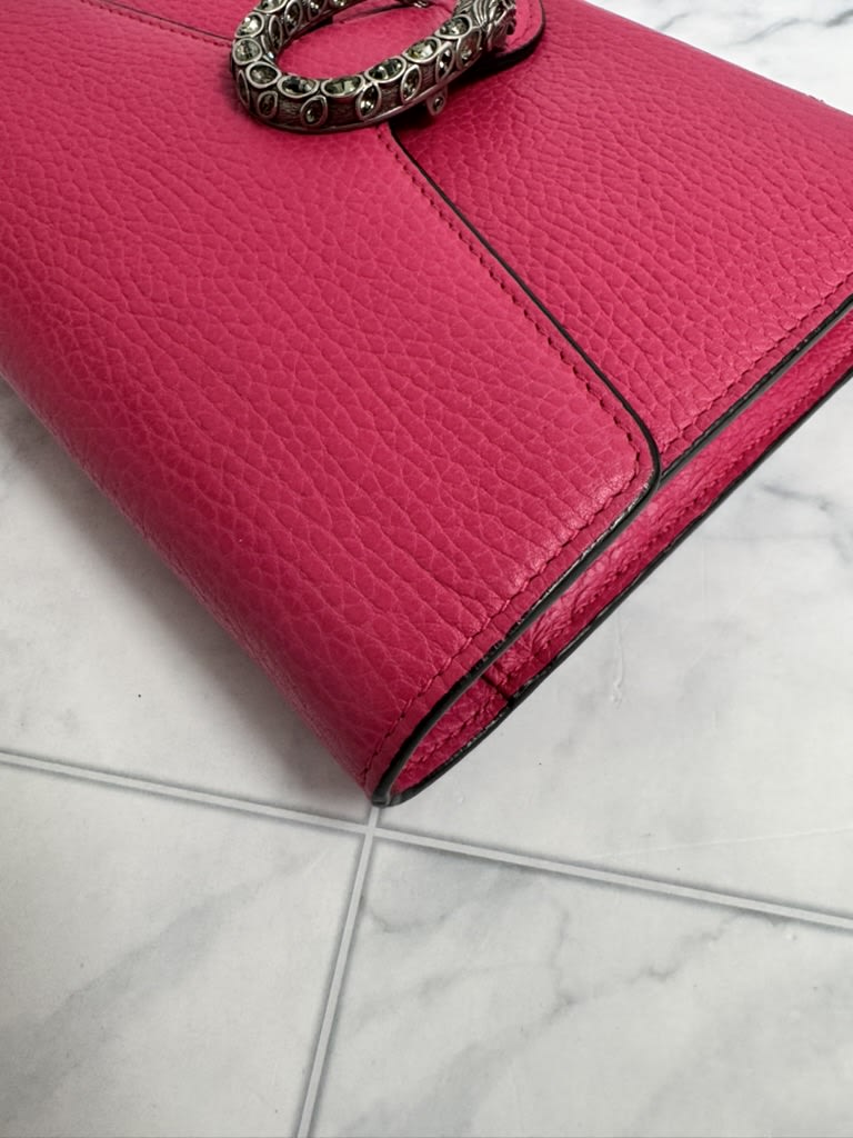Gucci Hot Pink Grained Leather Dionysus Wallet On A Chain