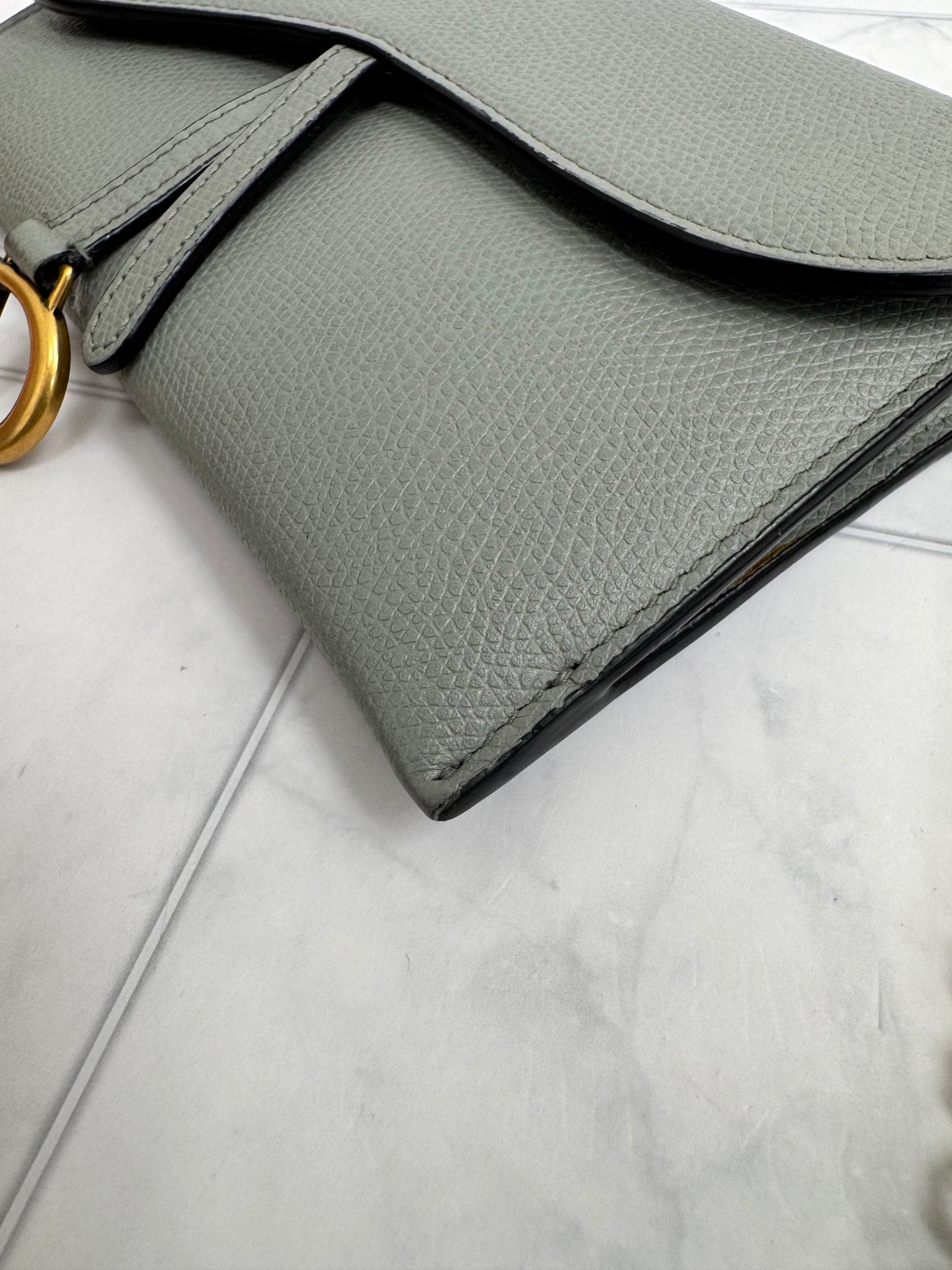 Christian Dior Grey Grained Leather Saddle Wallet On A Chain