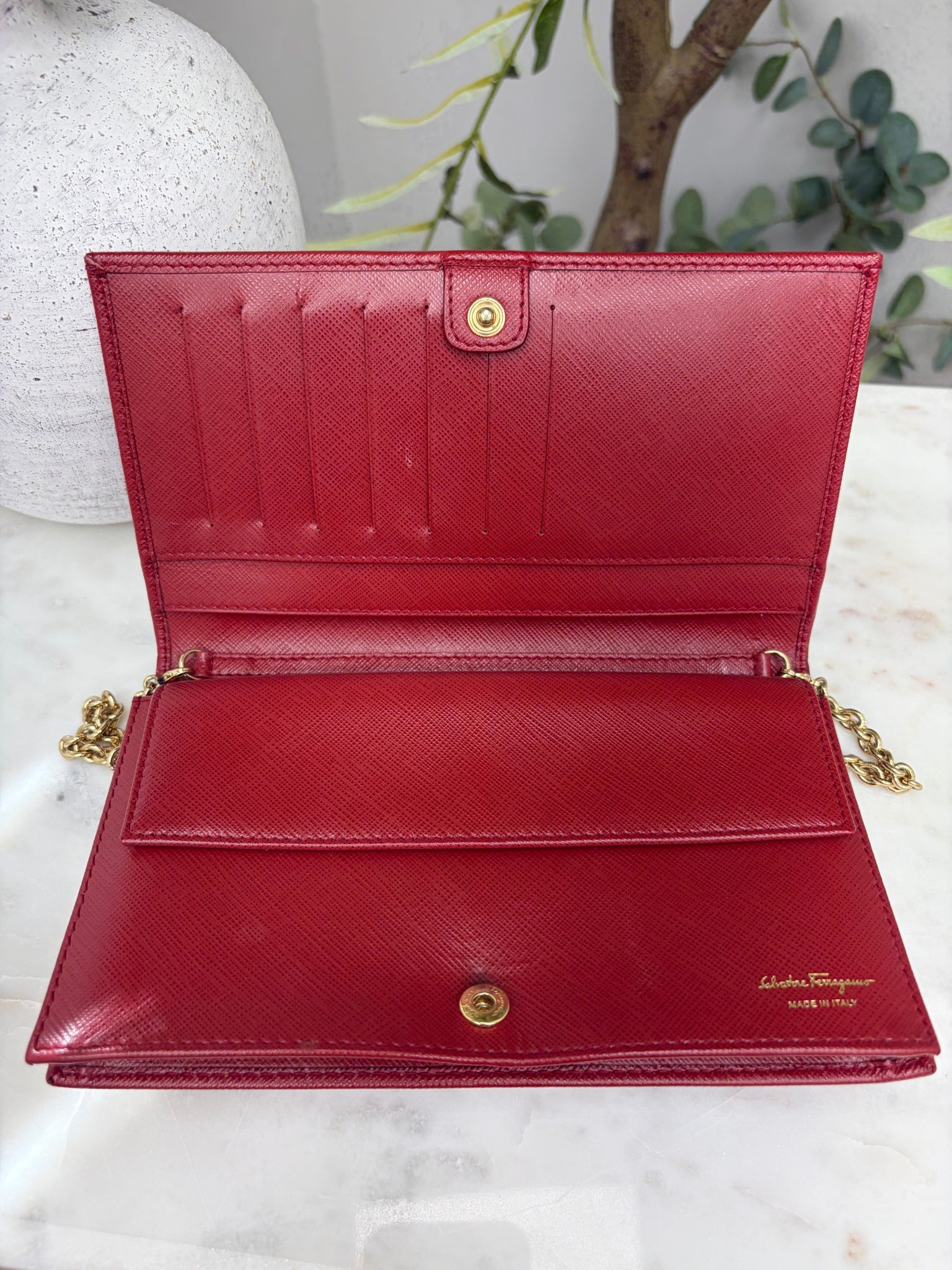 Salvatore Ferragamo Red Saffiano Miss Vara Bow Wallet on Chain