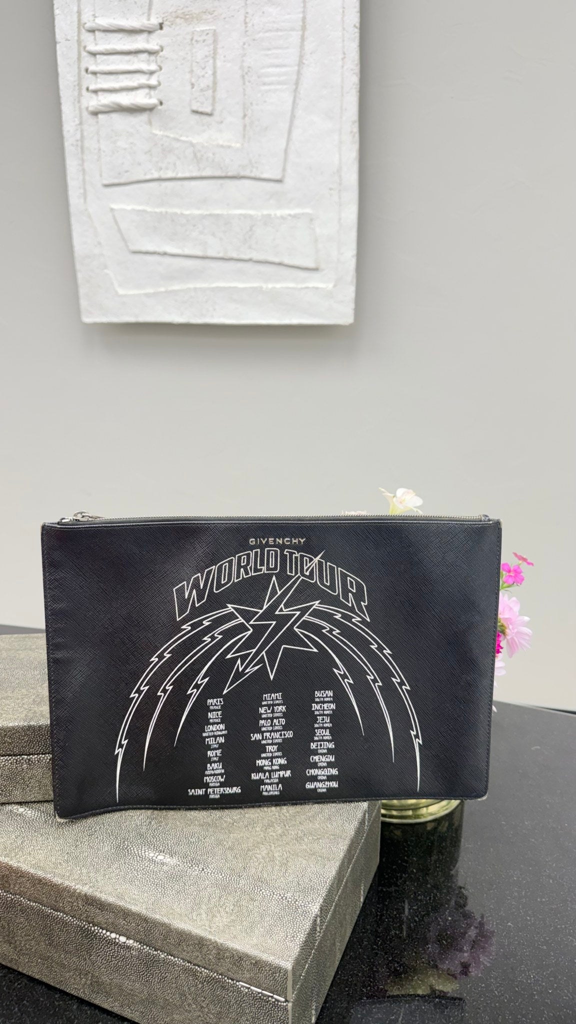 Givenchy Black Saffiano Leather World Tour Graphic Pouch