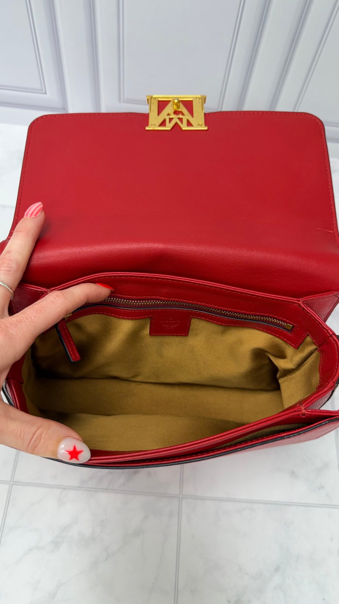 MCM Red Leather & Visetos Print Mena Shoulder Bag