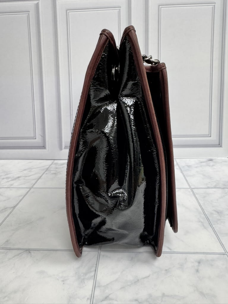 Chanel Black Patent Leather And Burgundy Chocolate Bar Medium Tote Bag