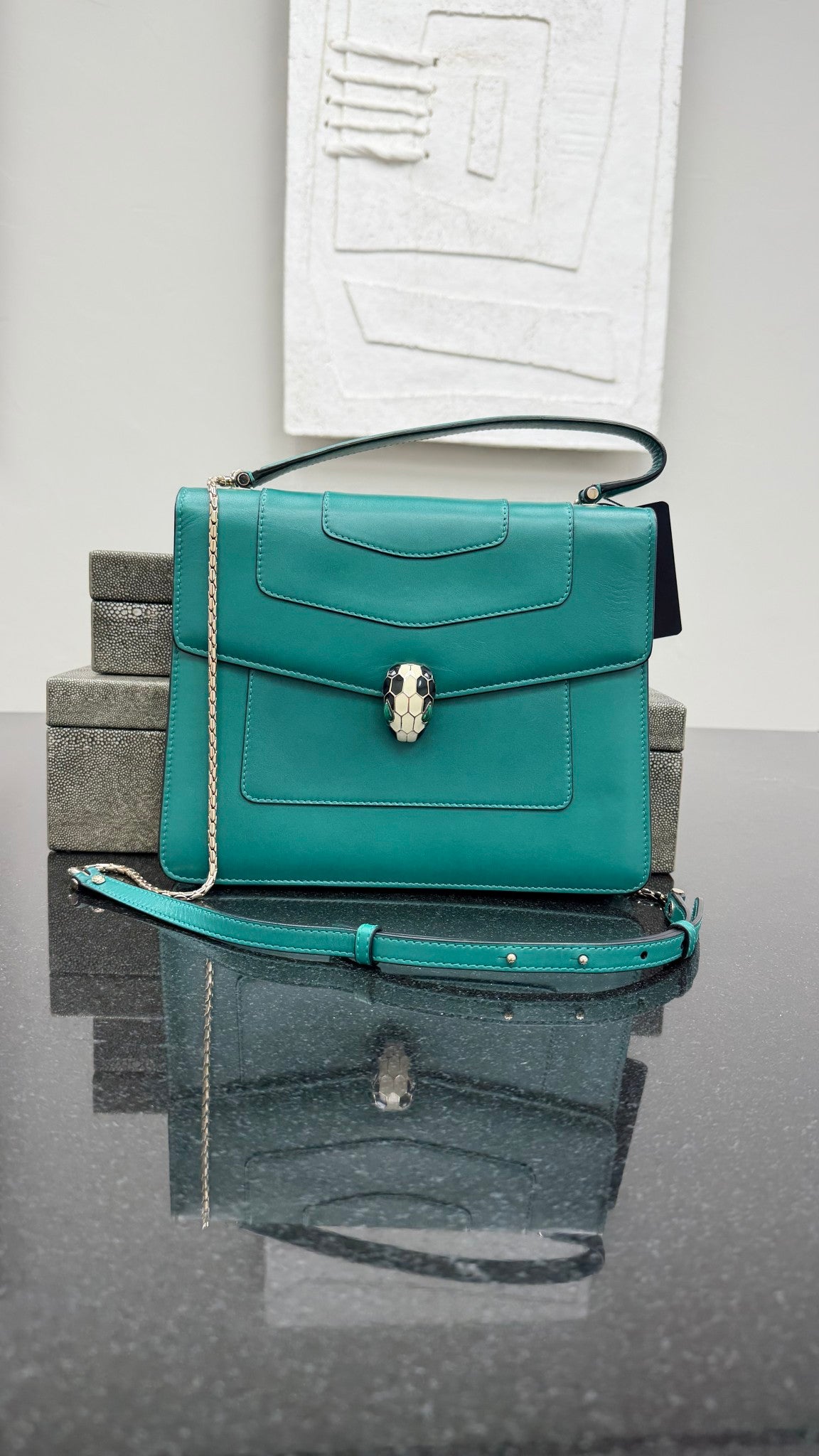 Bvlgari Emerald Green Calfskin Serpenti Forever Top Handle Chain Bag