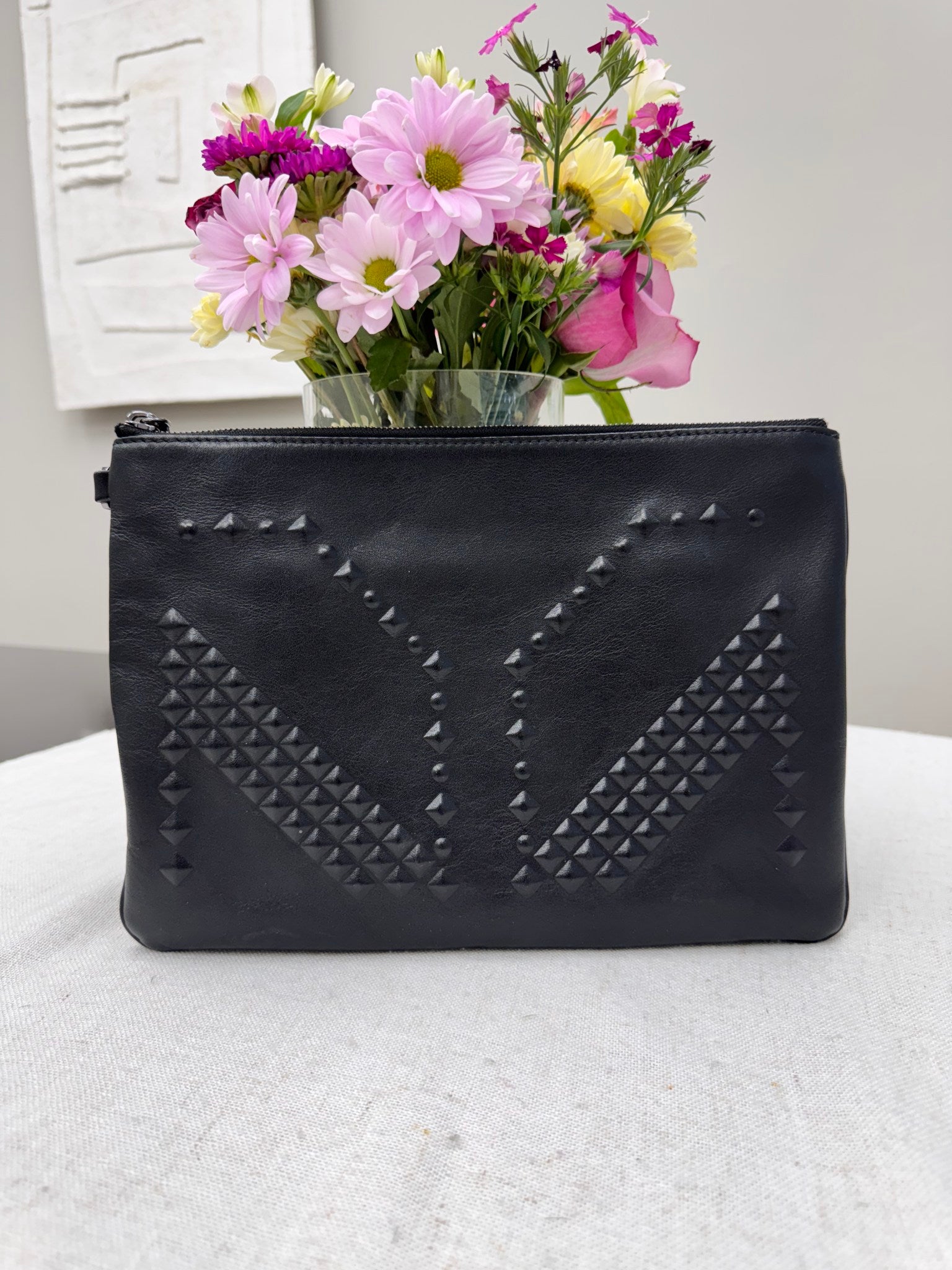 MCM Black Studded Leather Large Clutch