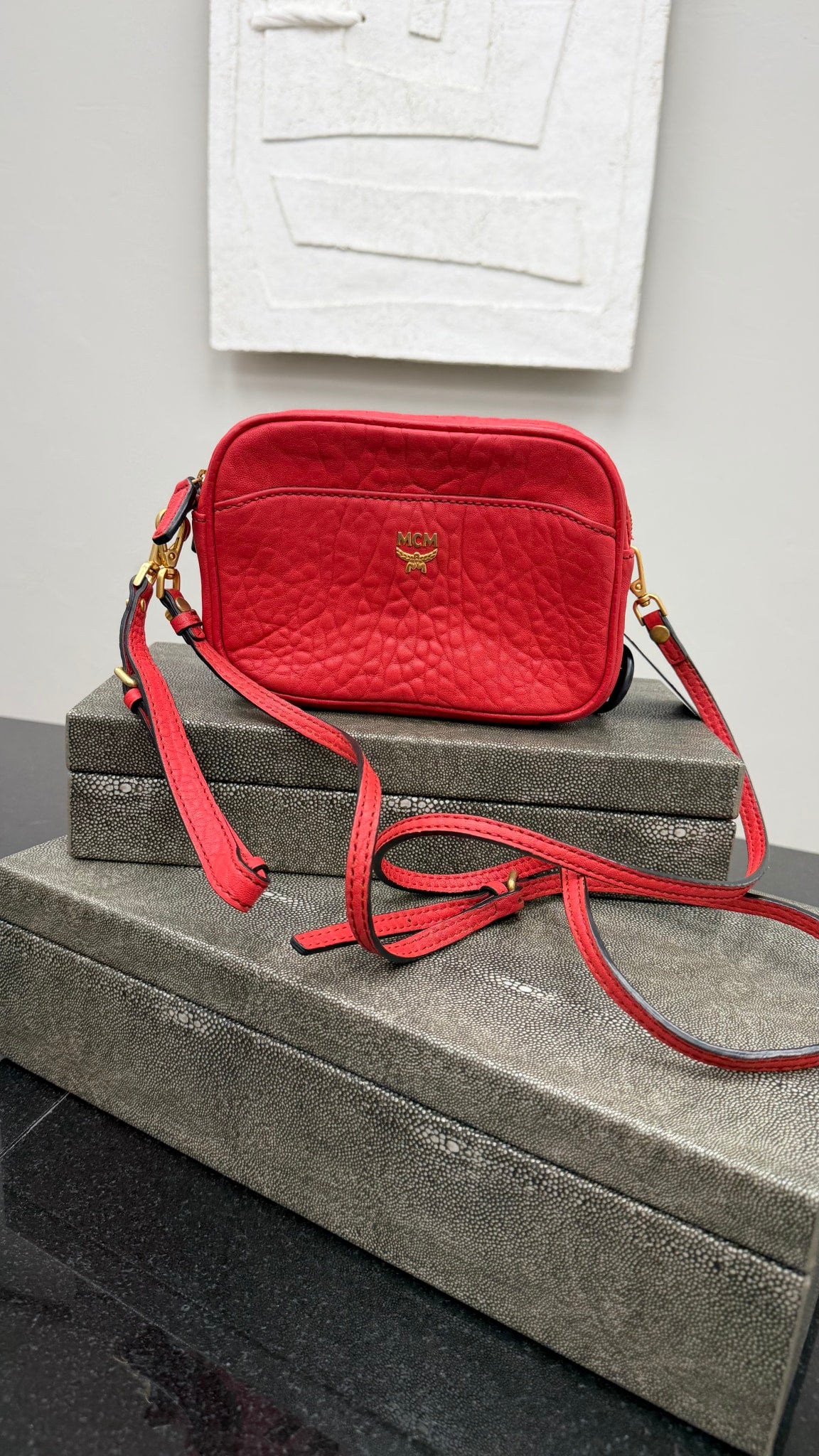 MCM Red Textured Leather Double Zip Camera Bag