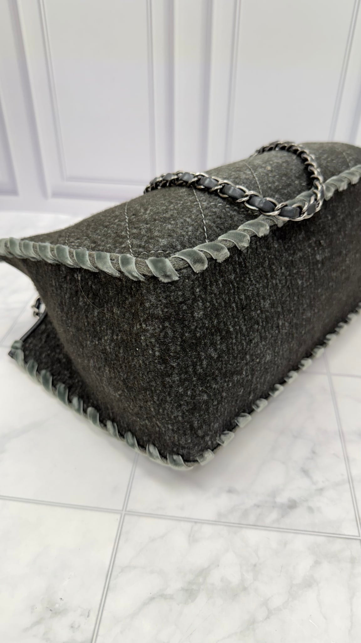 Chanel Grey Quilted Wool & Velvet Stitched CC Large Tote