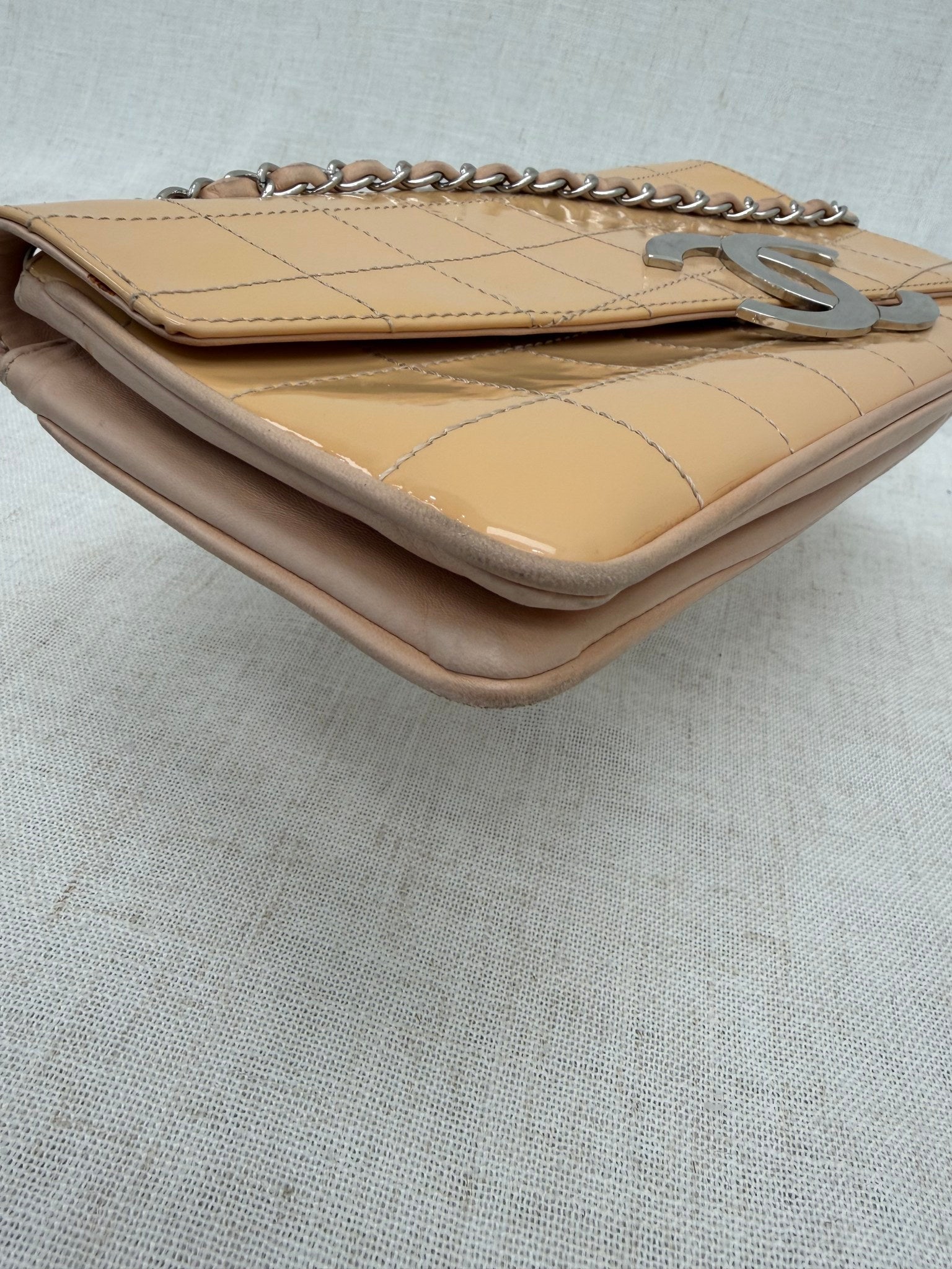 Chanel Peach Patent Leather East West Chocolate Bar Bag