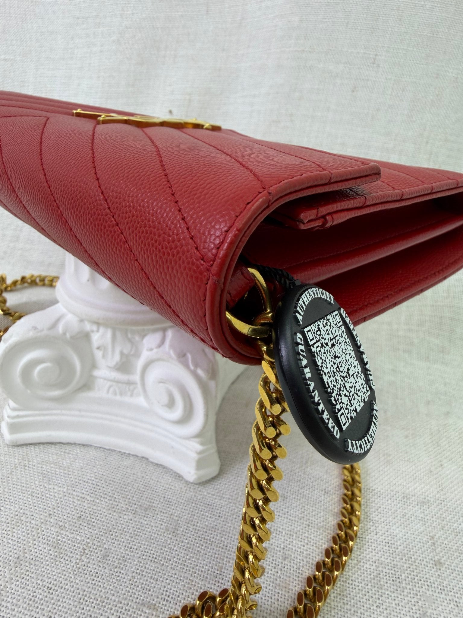 Saint Laurent YSL Red Pebbled Leather Envelope Wallet on a Chain