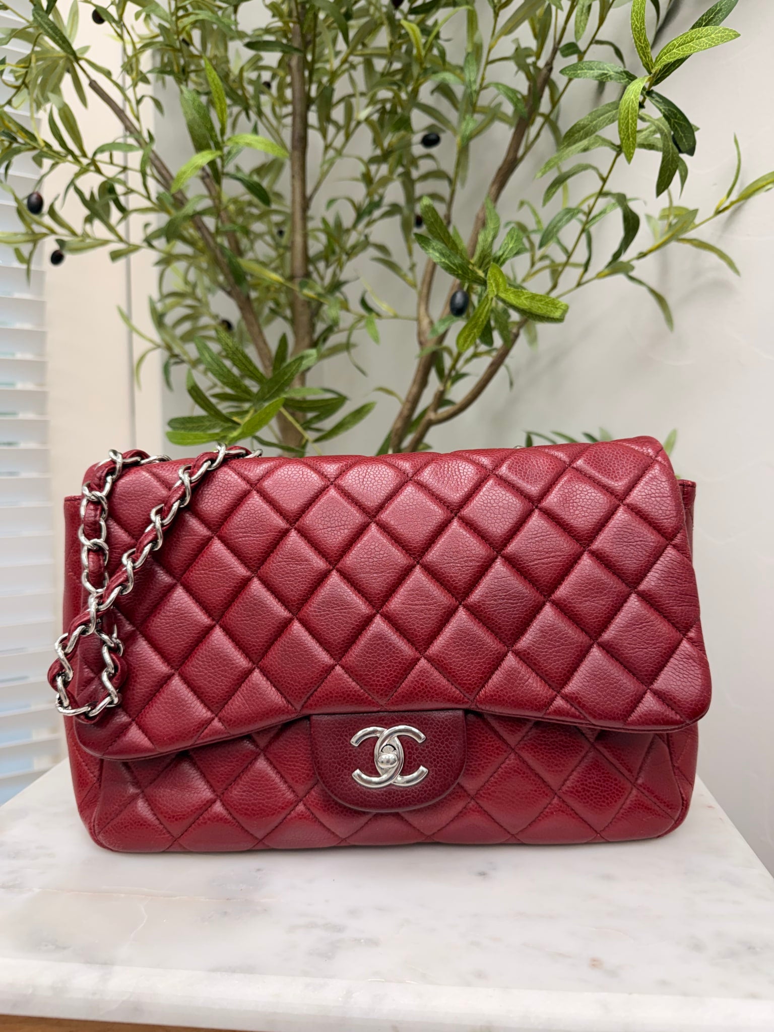 Chanel Burgundy Quilted Leather Classic Jumbo Flap Bag