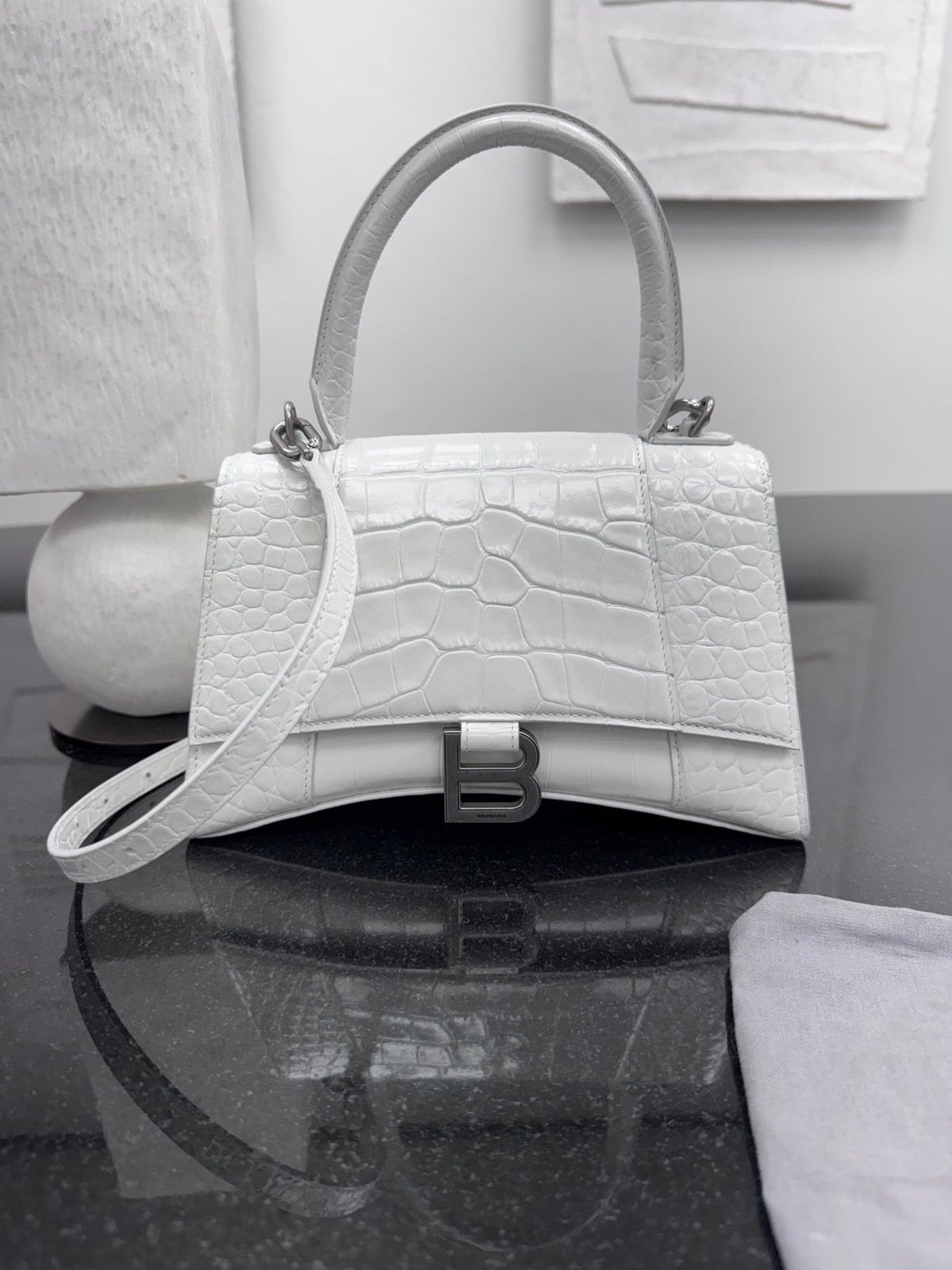 Balenciaga White Croc Embossed Hourglass Top Handle Bag
