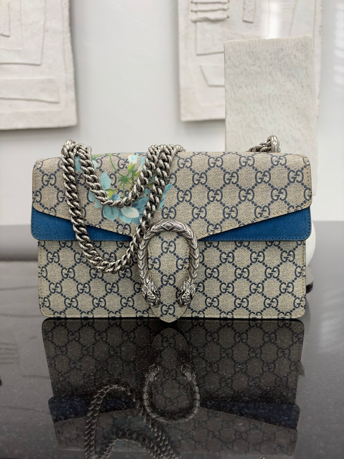 Gucci GG Supreme & Blue Suede Blooms Small Dionysus Chain Shoulder Bag