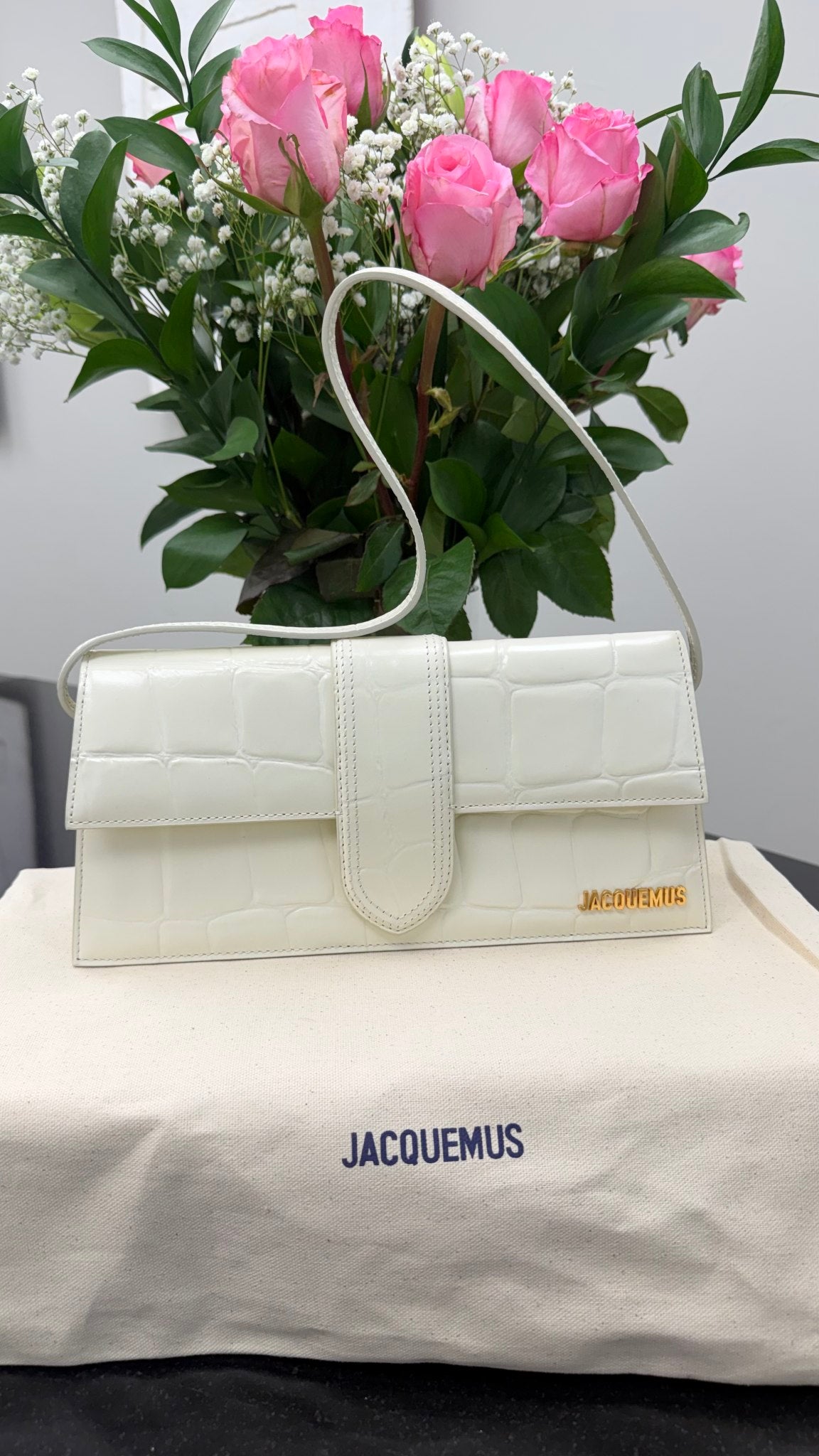 BRAND NEW - Jacquemus White Croc Embossed Leather Le Bambino Long Shoulder Bag