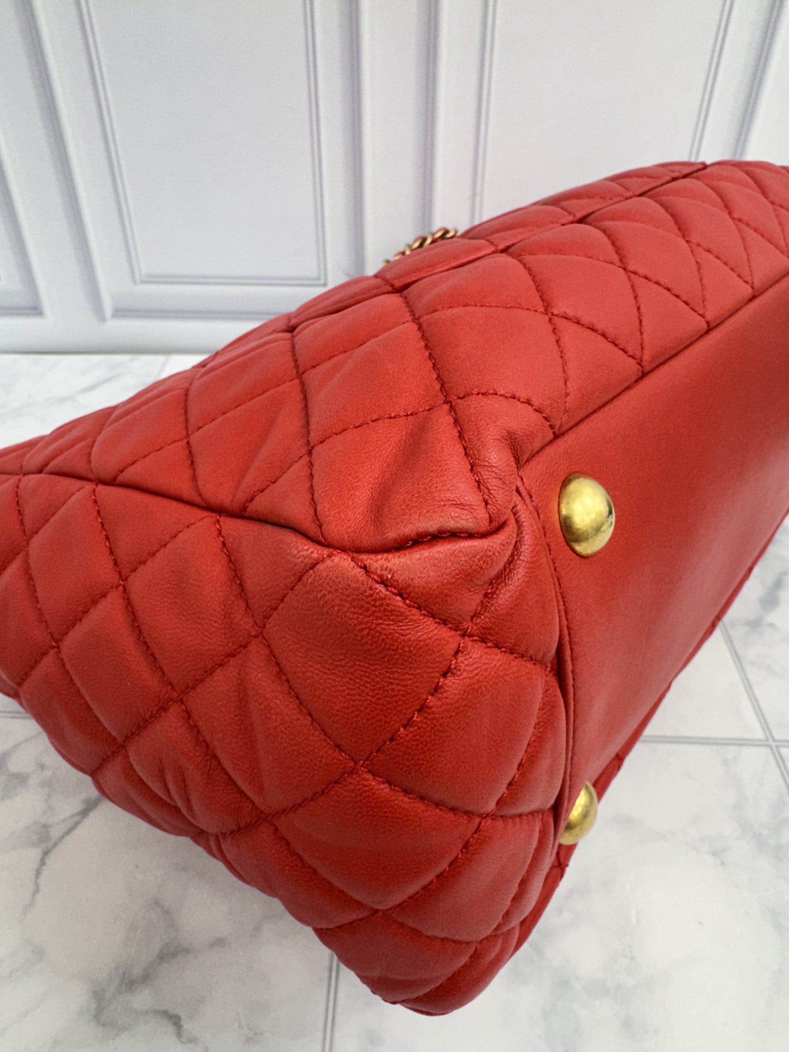 Chanel Red Quilted Lambskin Leather Front Pocket Shopping Tote