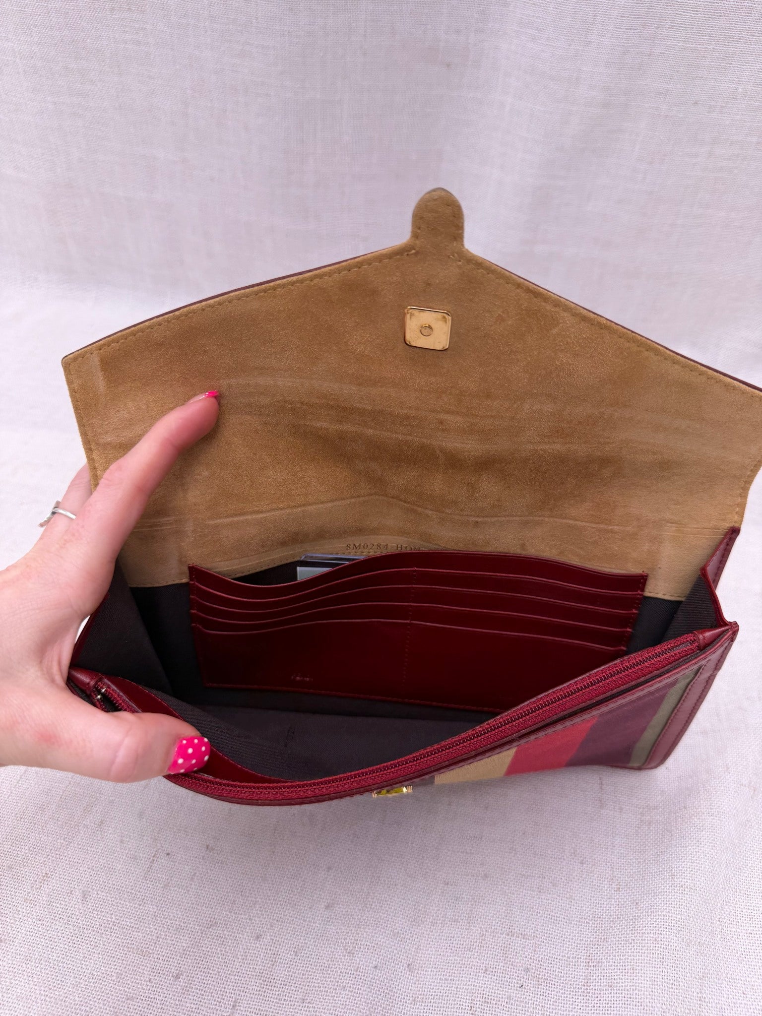 Fendi Magenta Leather & Pequin Canvas Envelope Clutch