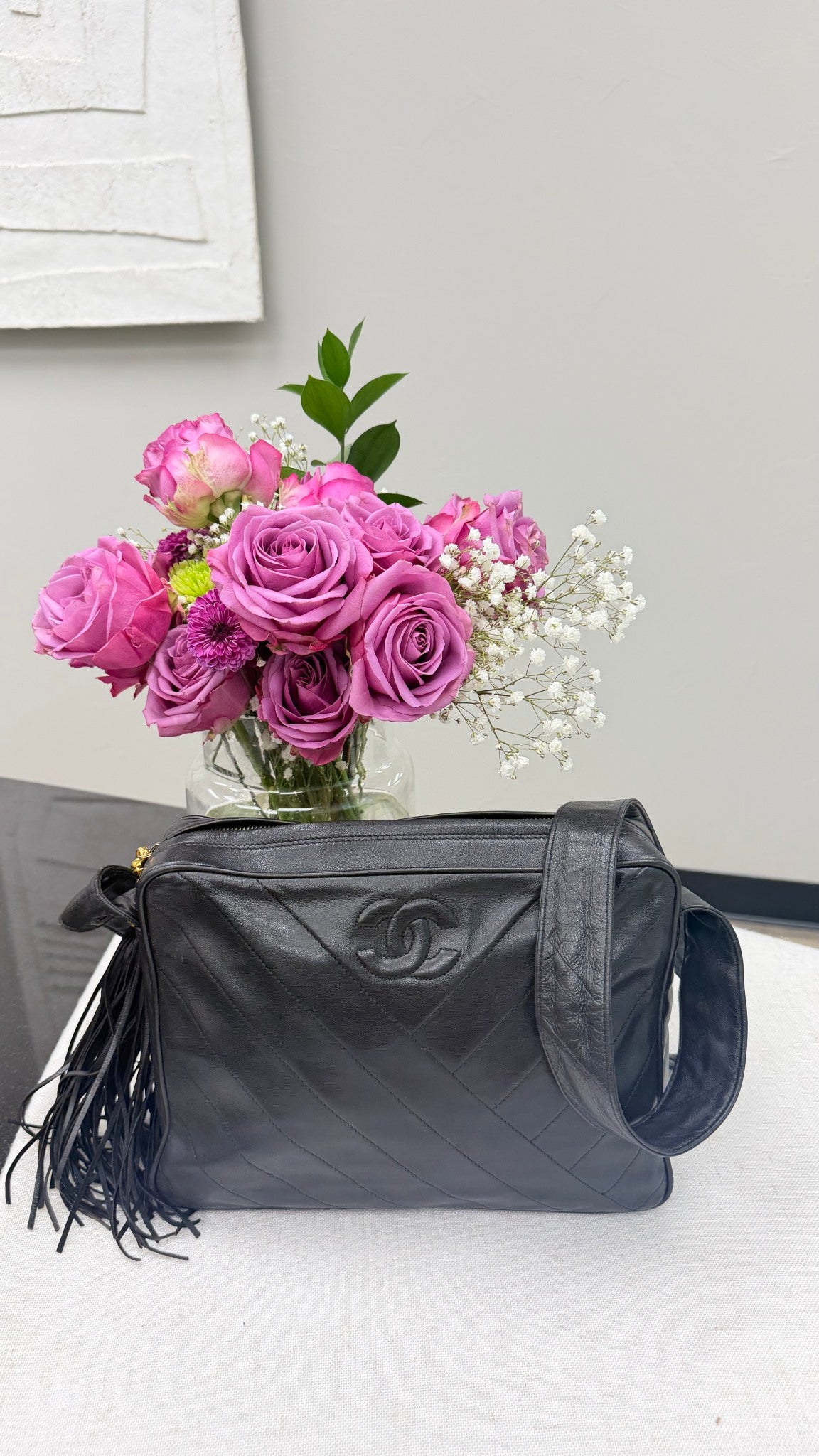 Chanel Vintage Black Lambskin Leather Camera Bag