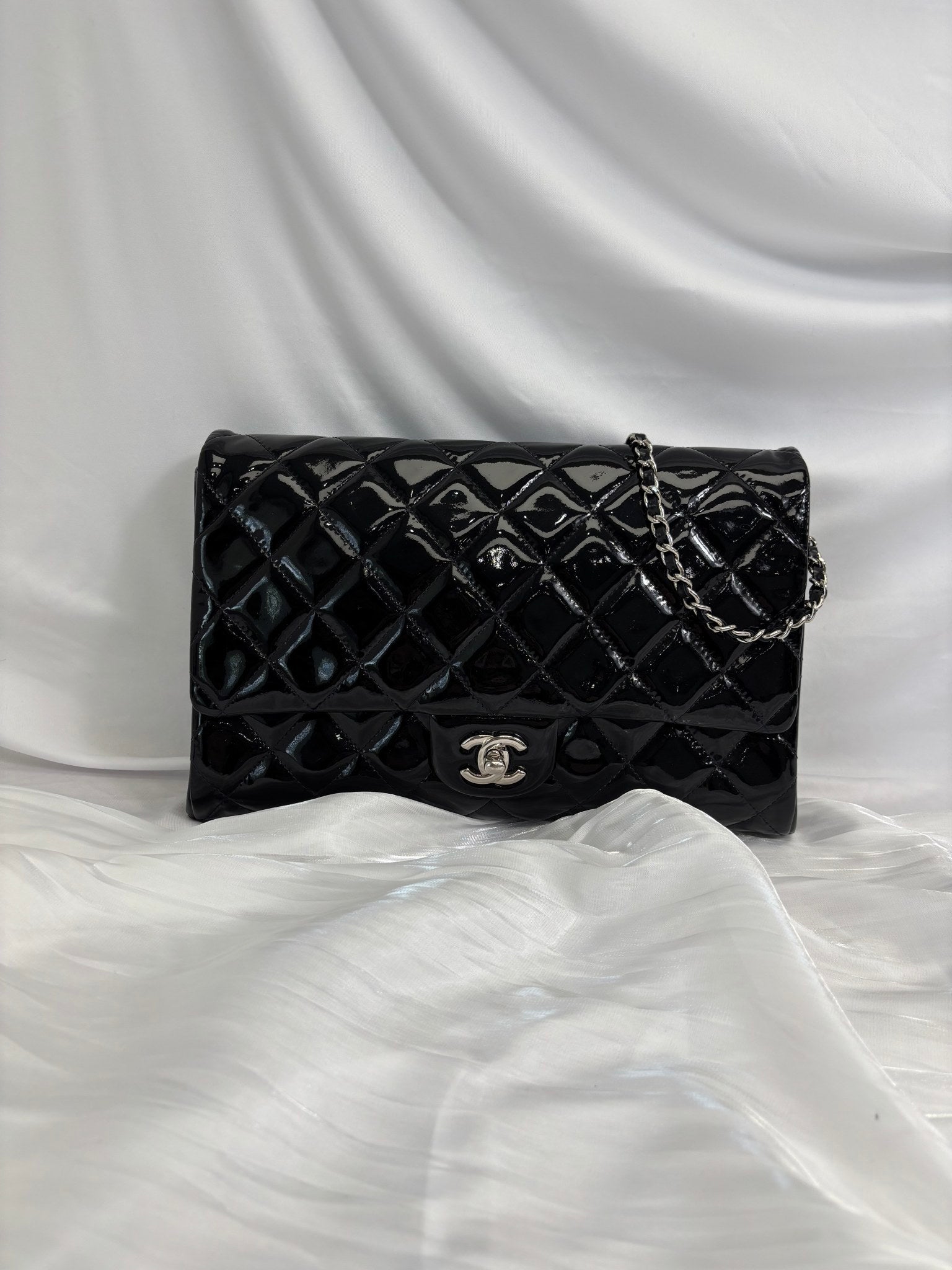 Chanel Black Patent Leather Quilted Flap Bag