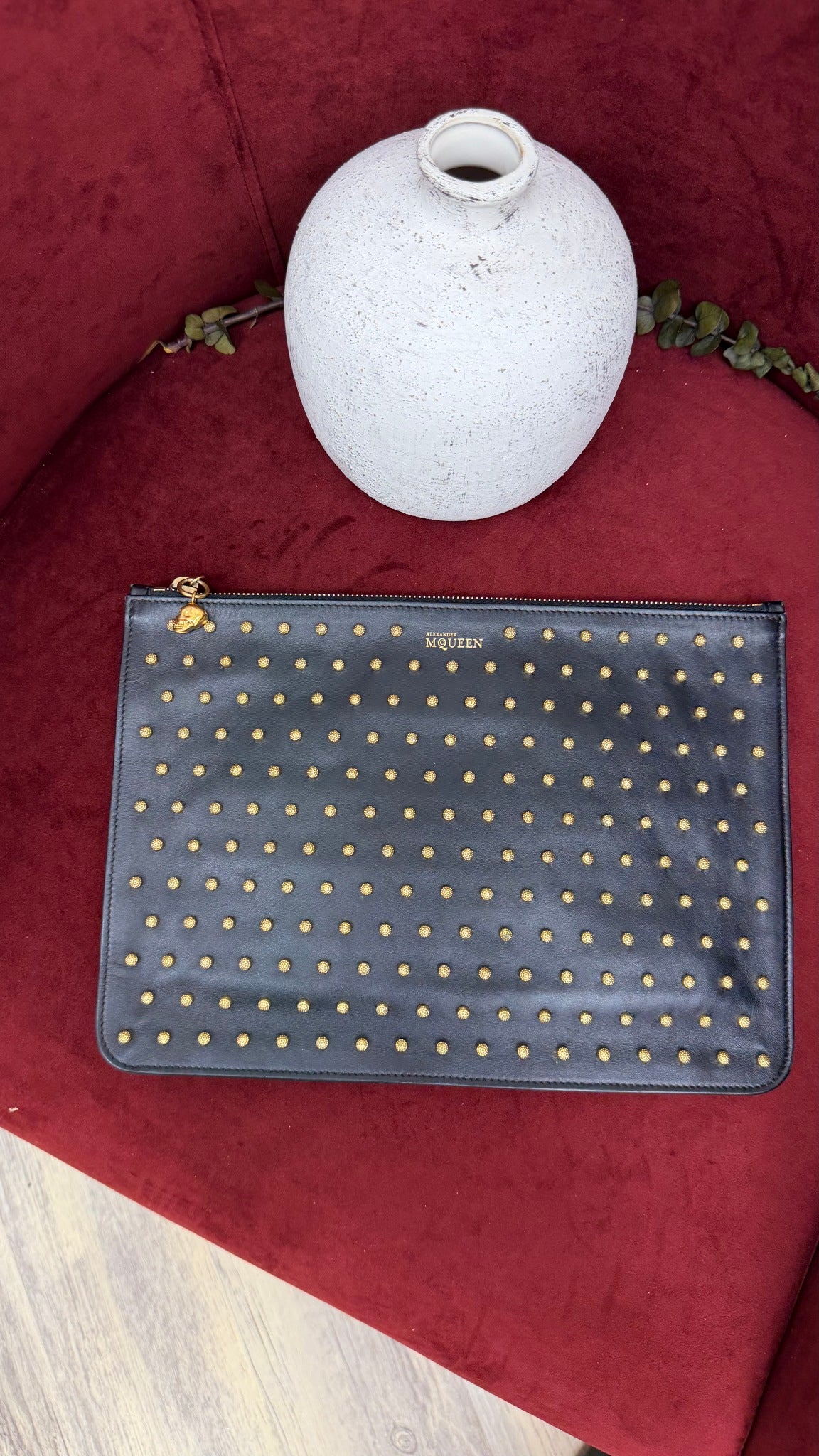 Alexander McQueen Black Leather & Gold Studded Zip Clutch