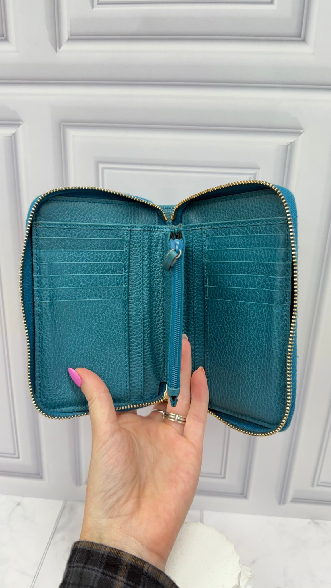 Gucci GG Canvas & Teal Leather Compact Zippy Wallet