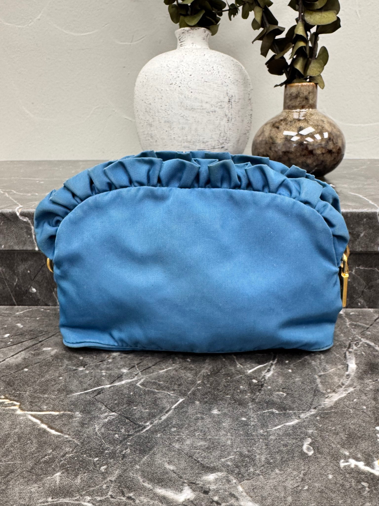Prada Blue Tessuto Nylon Ruffled Small Pouch