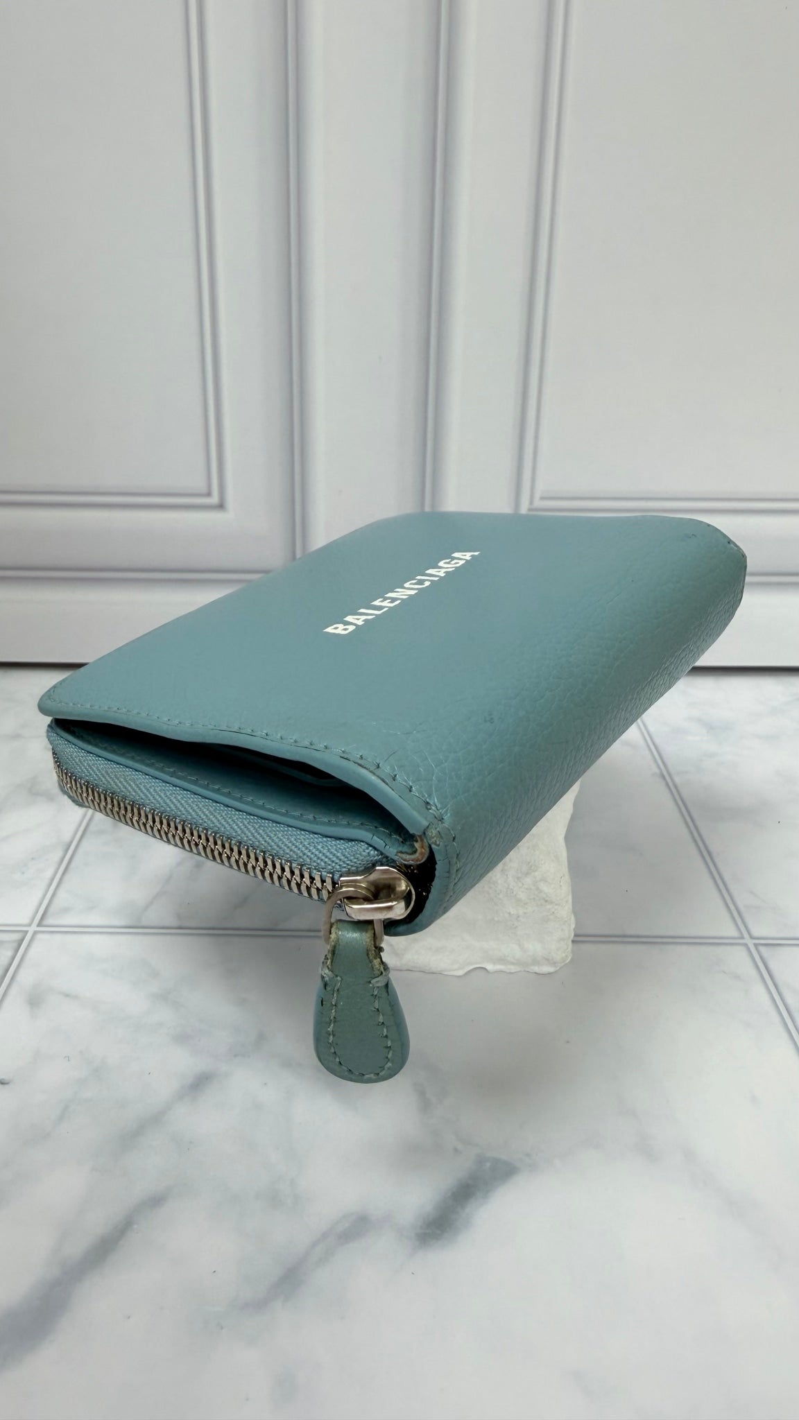 Balenciaga Light Blue Grained Leather Zippy Compact Wallet