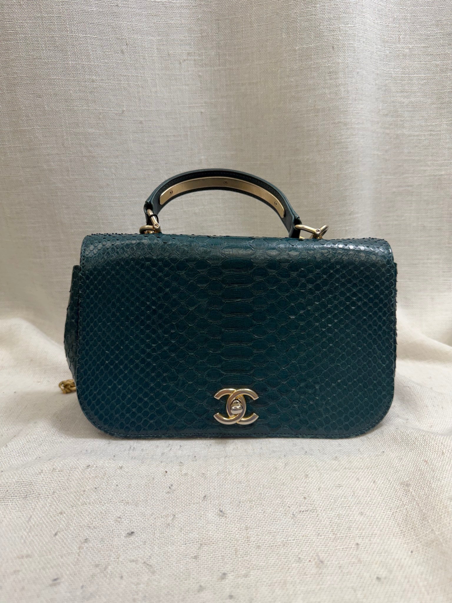 Chanel Deep Green Python Leather Top Handle Flap Bag