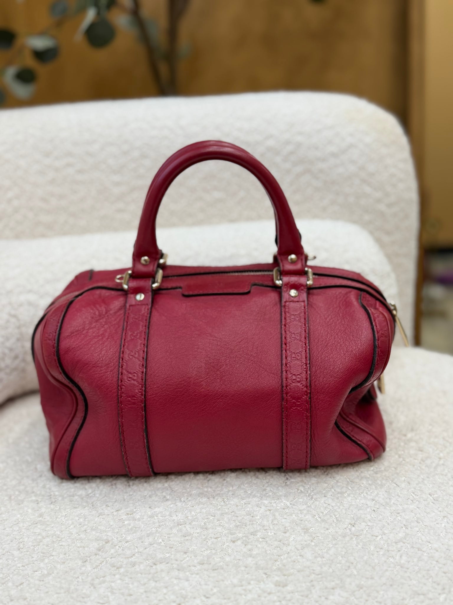 Gucci Red Leather Microguccissima Boston Bag