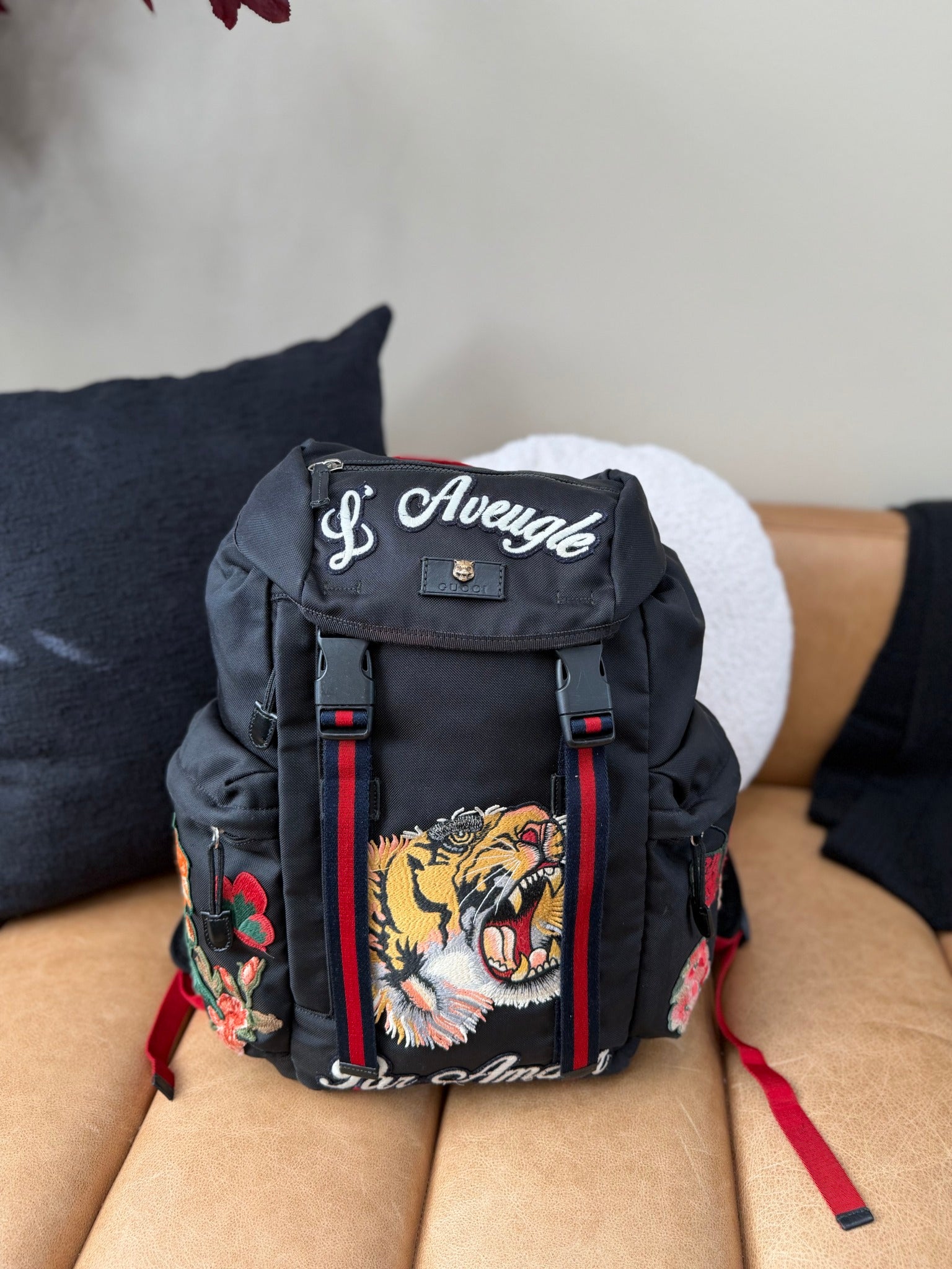 Gucci Black Nylon Embroidered Tiger Backpack