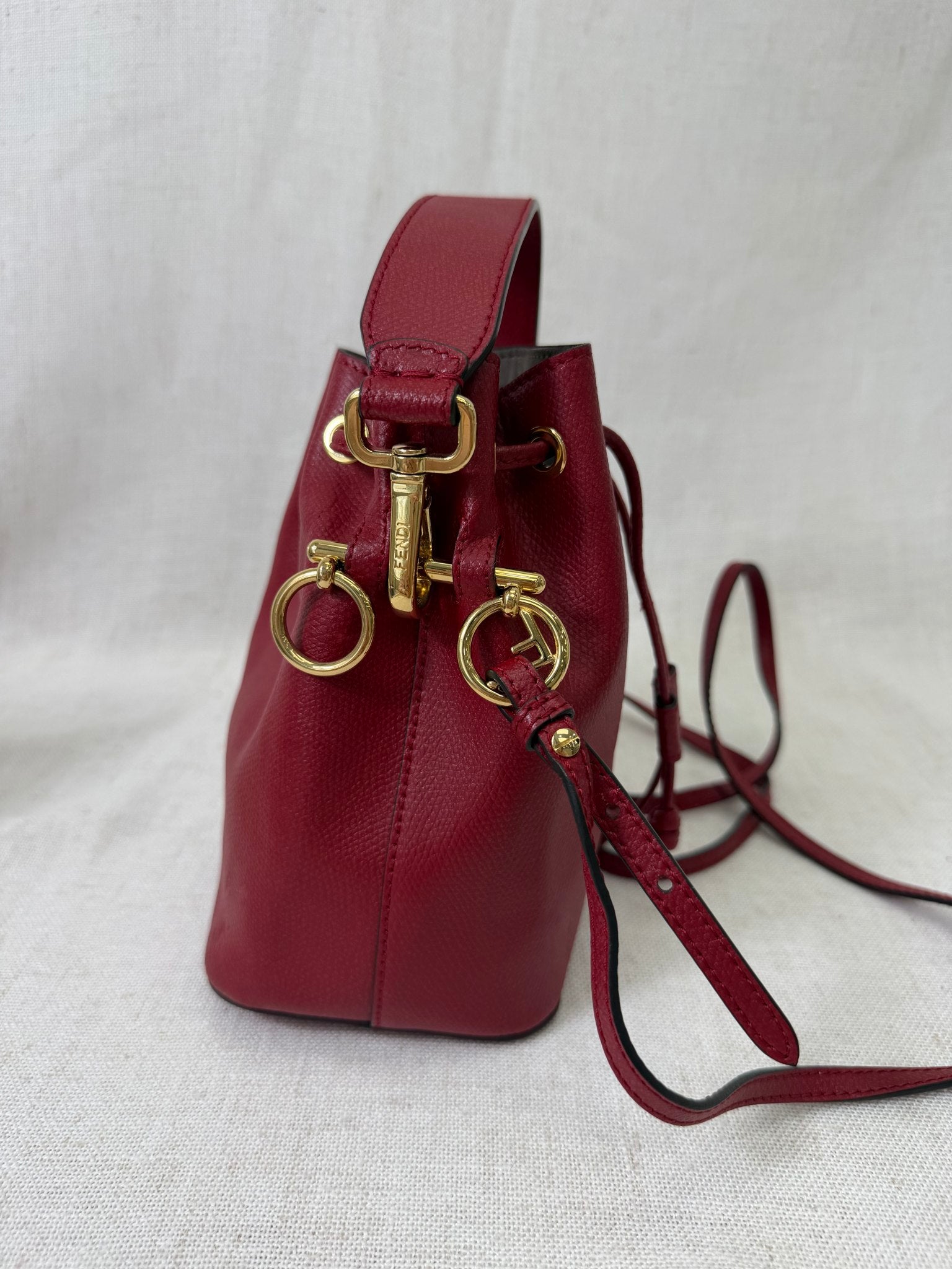 Fendi Red Leather Tresor Mini Drawstring 2Way Bucket Bag