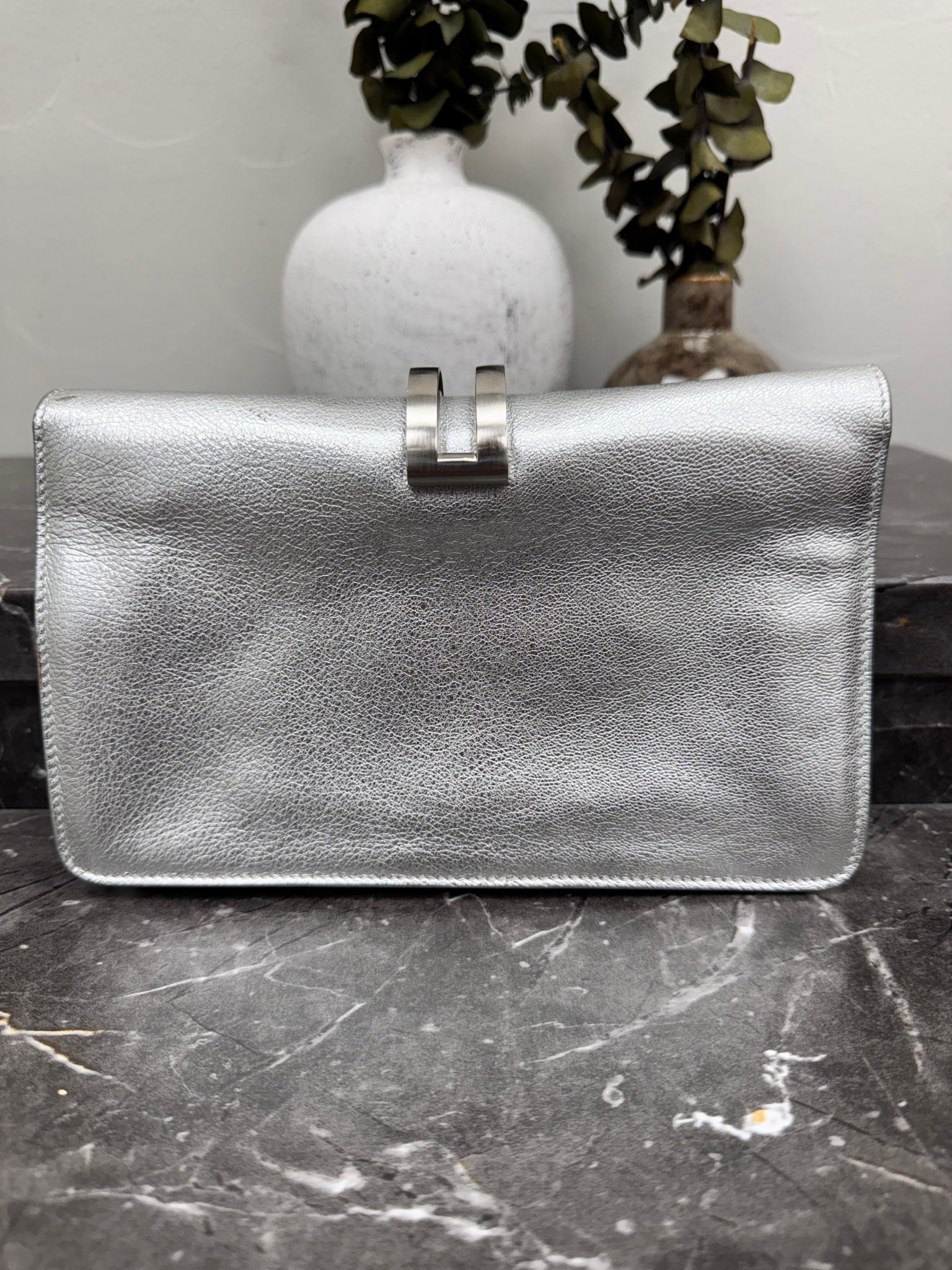 Salvatore Ferragamo Metallic Silver Calfskin Leather Clutch