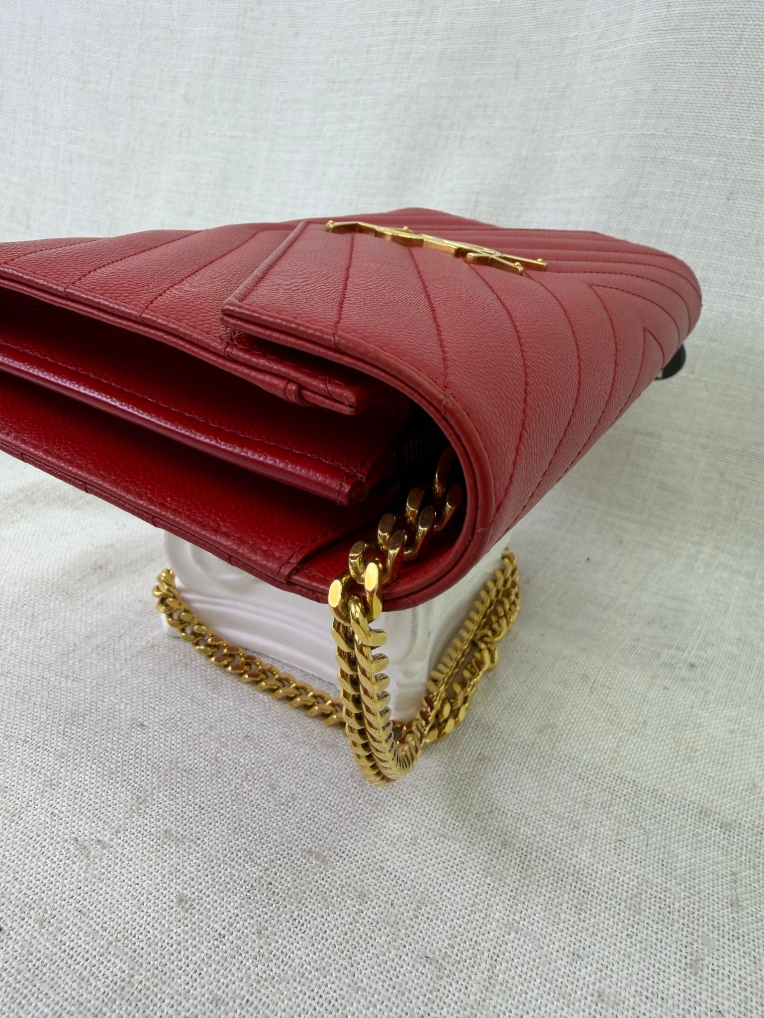 Saint Laurent YSL Red Pebbled Leather Envelope Wallet on a Chain