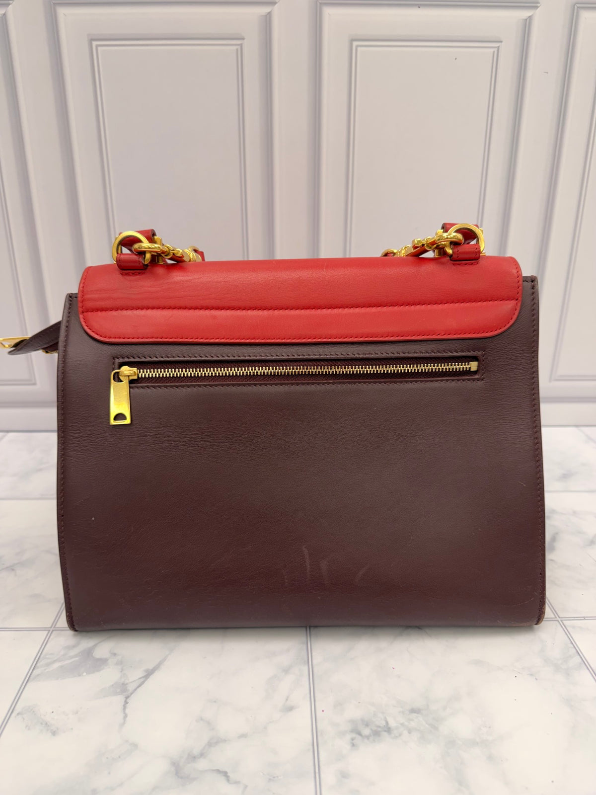 Celine Red & Burgundy Leather Small Trapeze Bag