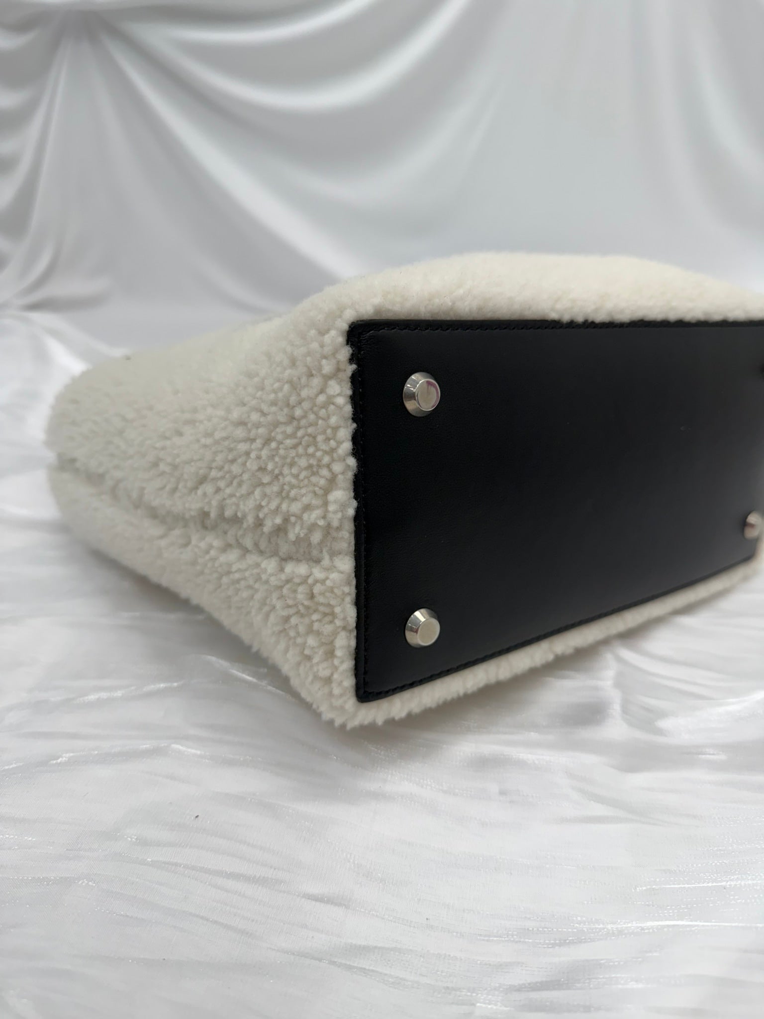 Balenciaga White & Black Shearling Shoulder Tote