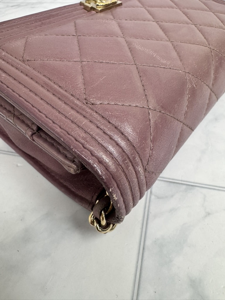 Chanel Dusty Rose Diamond Quilted Leather Boy Wallet On A Chain