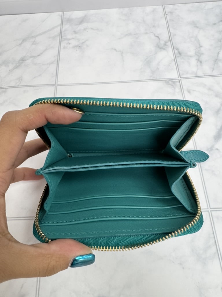 Burberry Teal House Check Canvas And Leather Compact Zippy Wallet