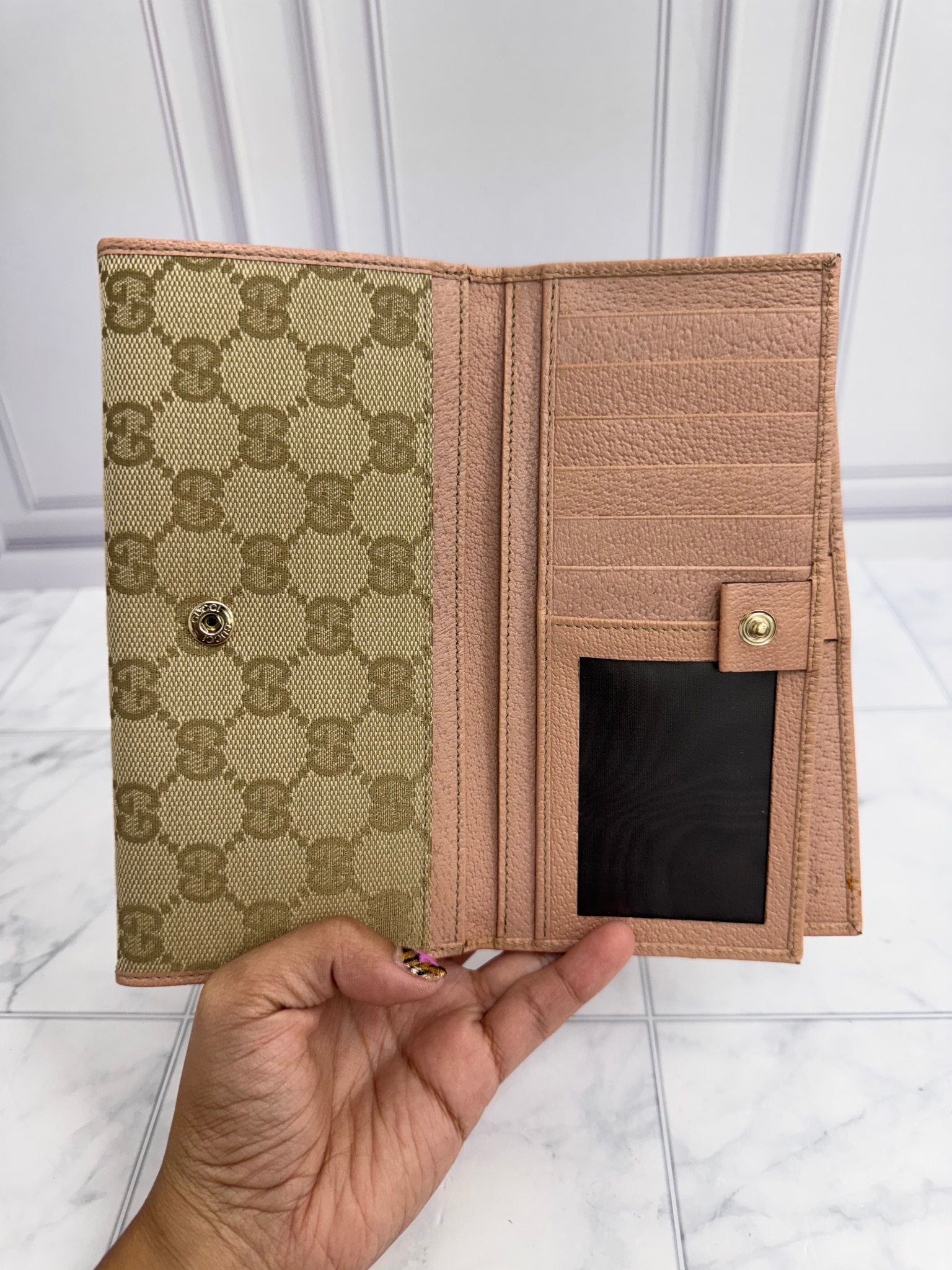 Gucci Beige And Pink GG Monogram Canvas Long Wallet