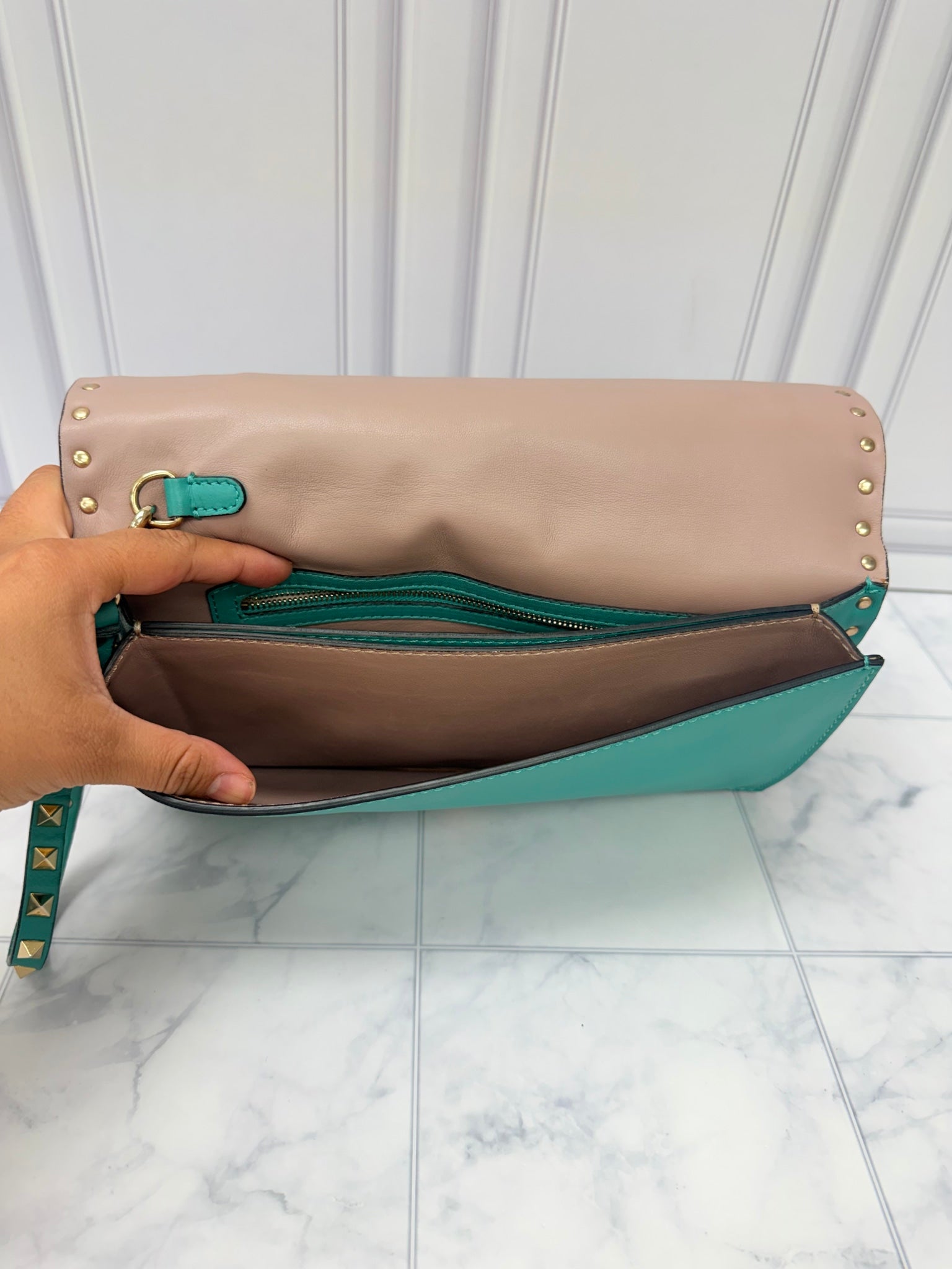 Valentino Teal Leather Rockstud Clutch