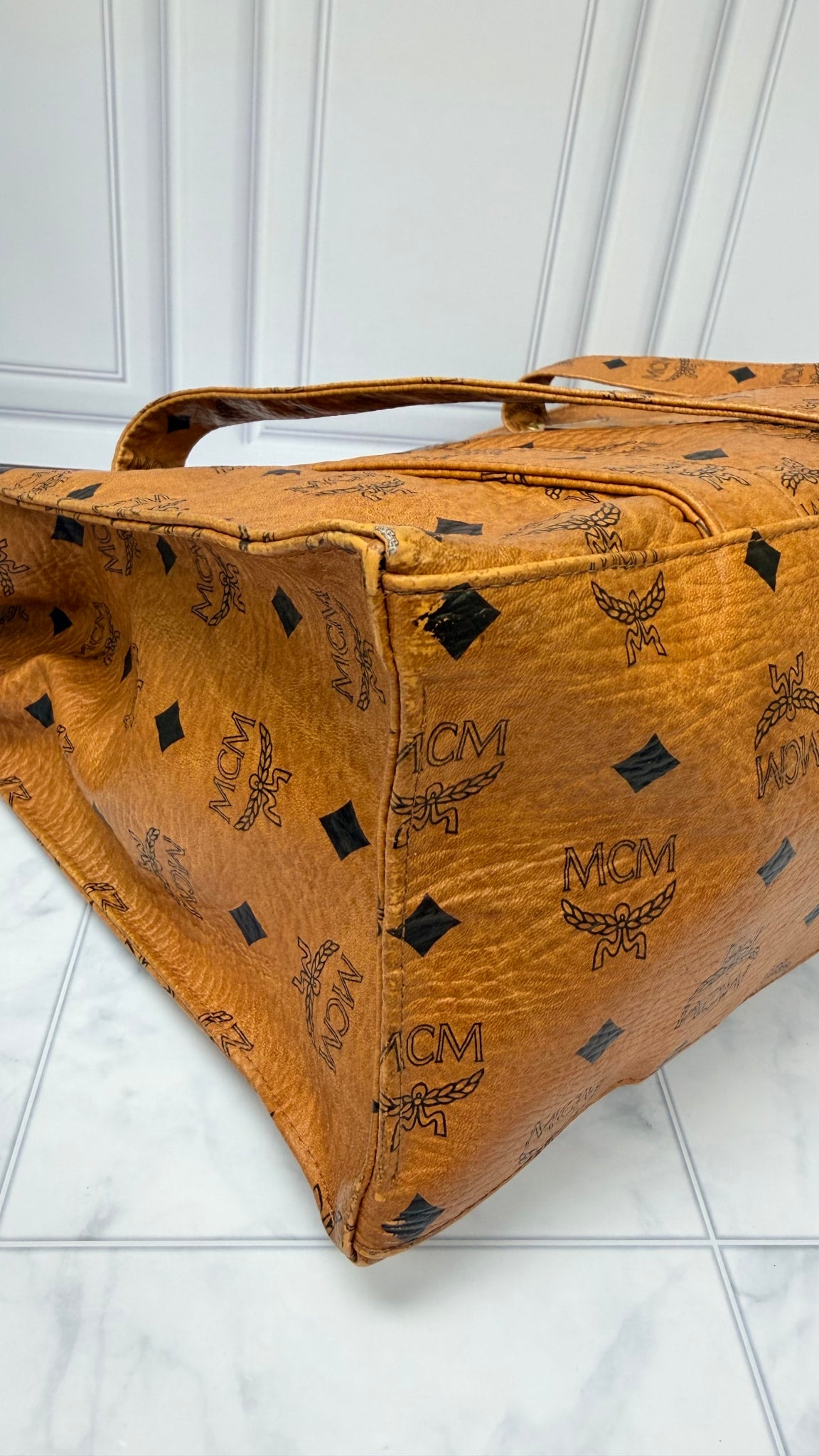 MCM Cognac Visetos Leather Tote Bag