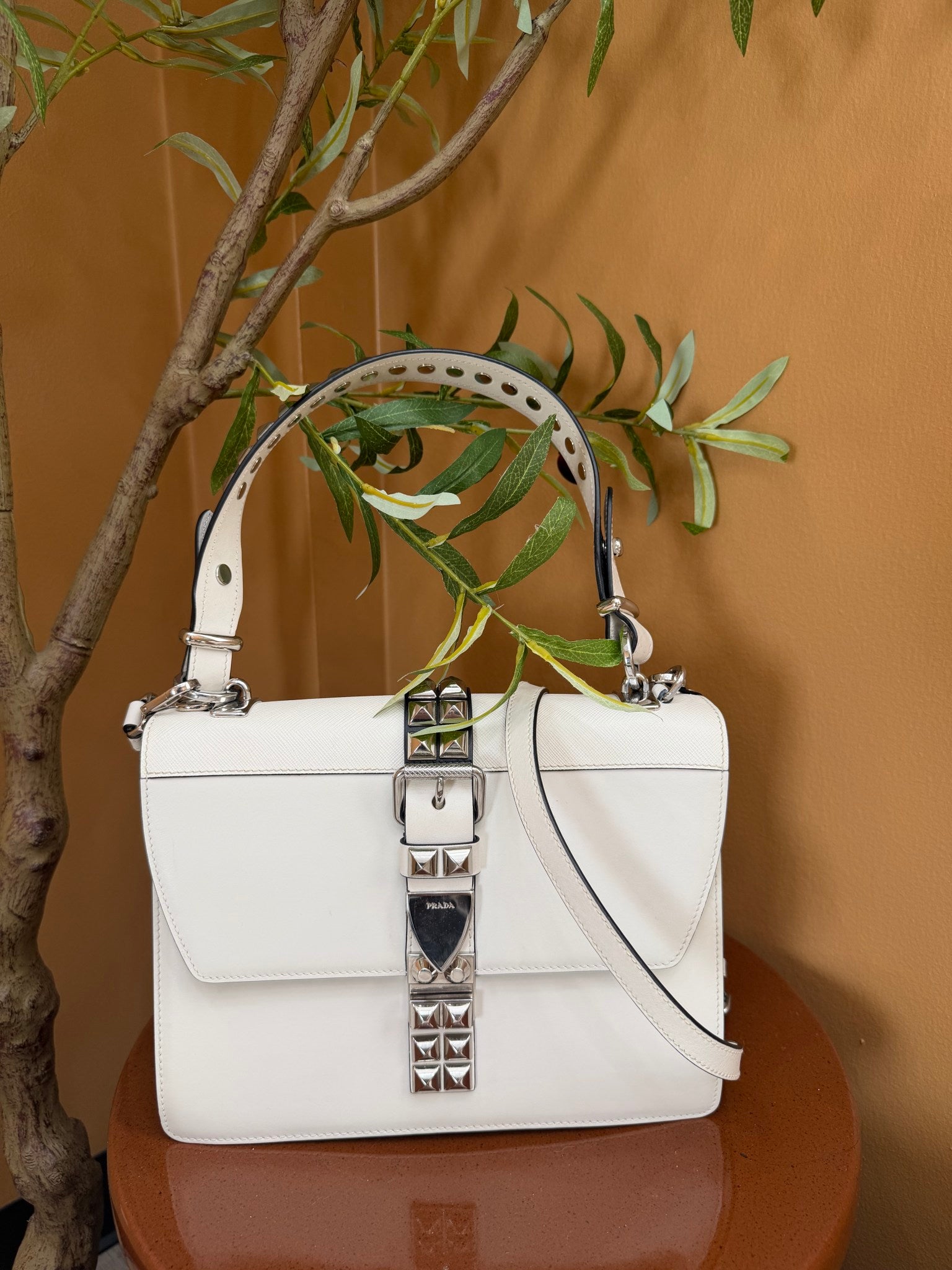 Prada White Leather Studded Electa Handbag