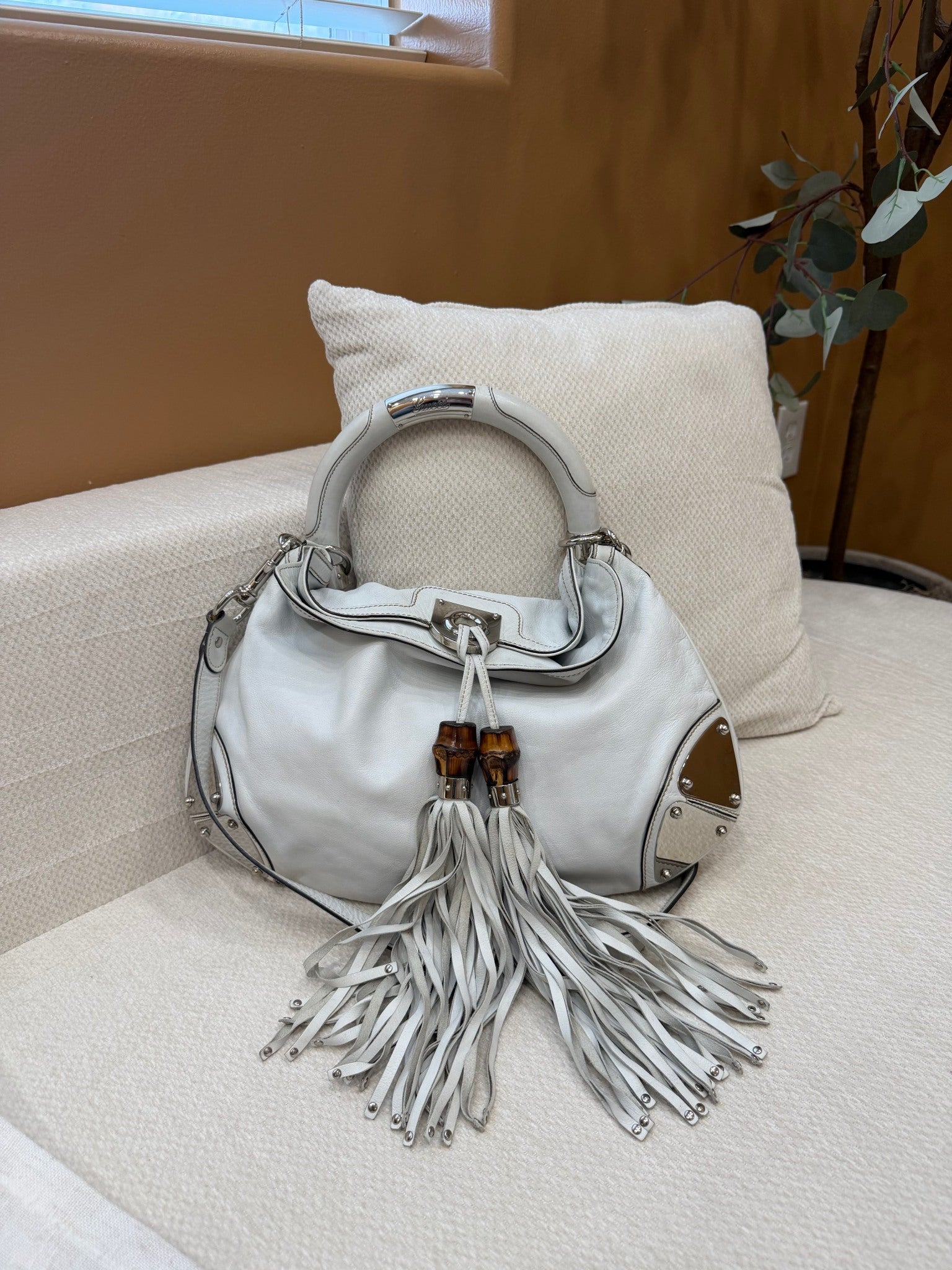 Gucci Bamboo Indy White Leather Hobo Handbag
