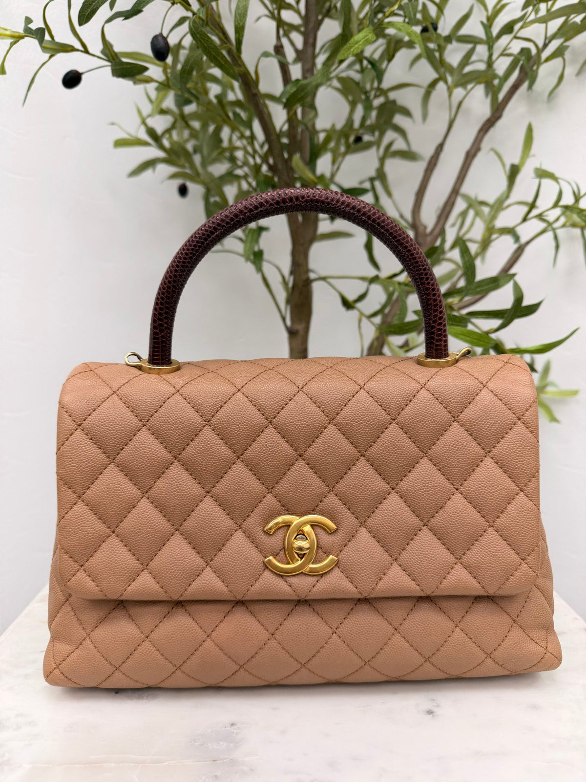 Chanel Tan Caviar Quilted Medium Coco Handle Flap Bag