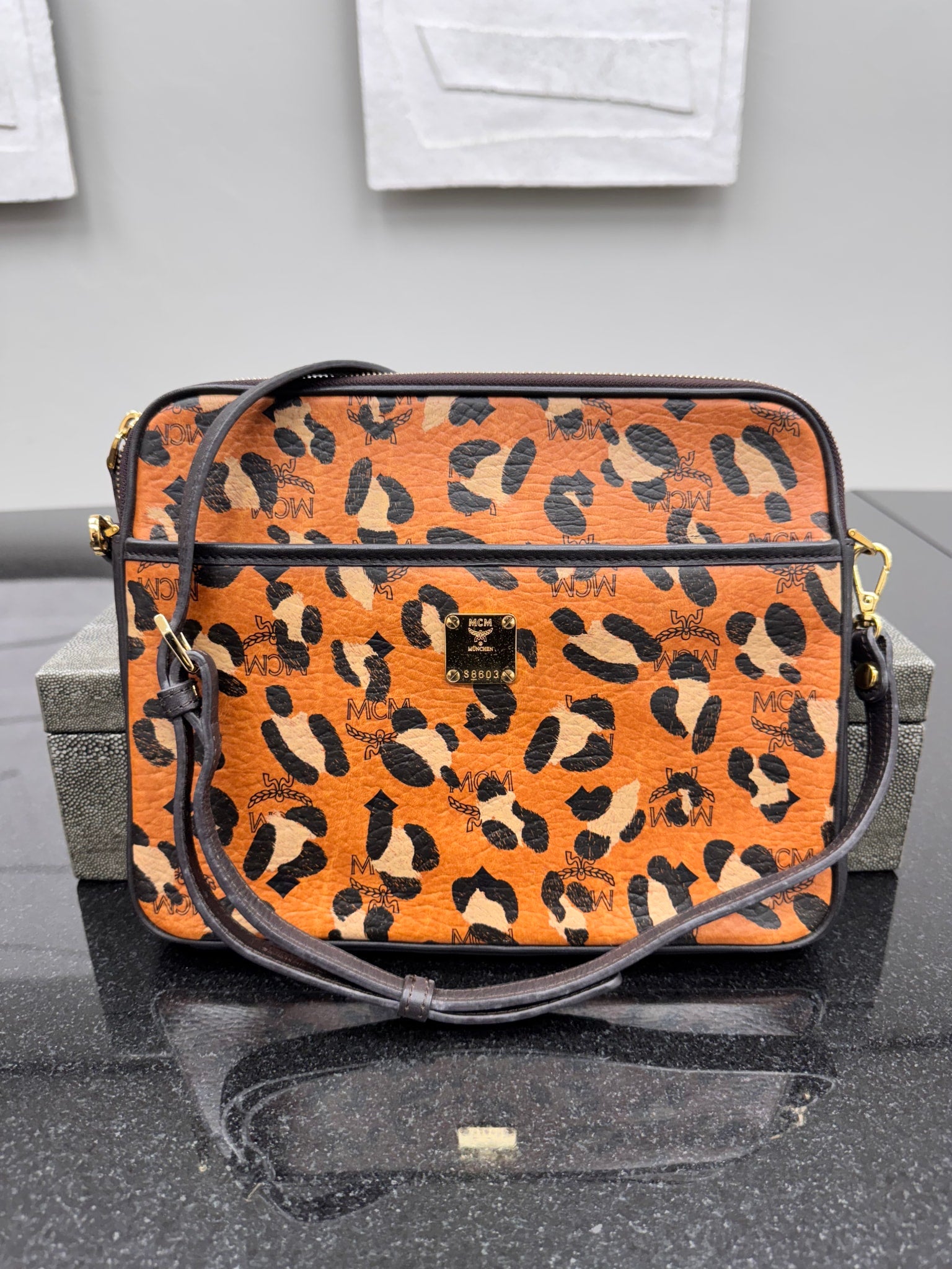MCM Tan Leopard Print Visetos Coated Canvas Crossbody Bag